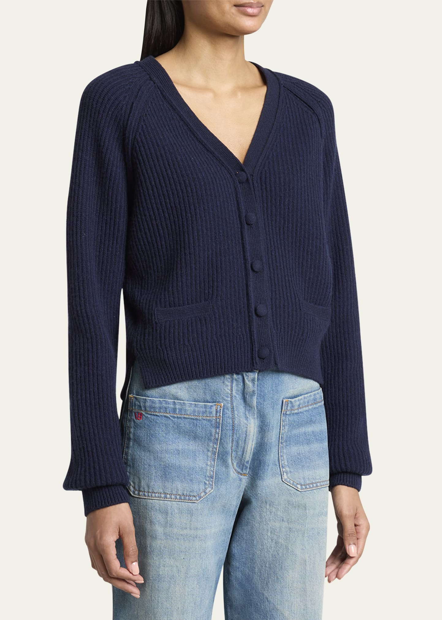 Stepped Hem V-Neck Cashmere Wool Cardigan - 4