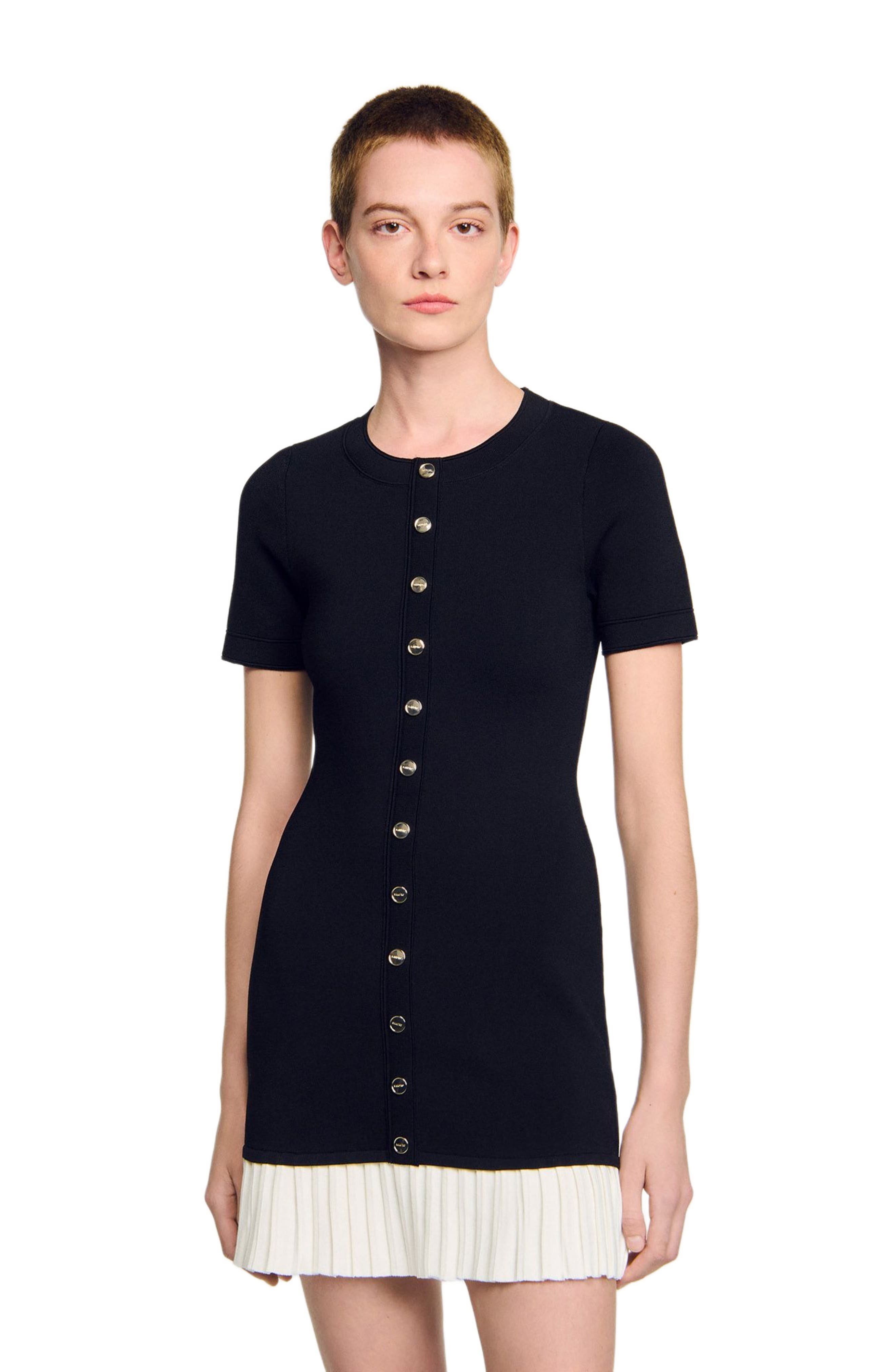 SANDRO Mini knit dress with ruffle in Black /Ecru at Nordstrom - 3