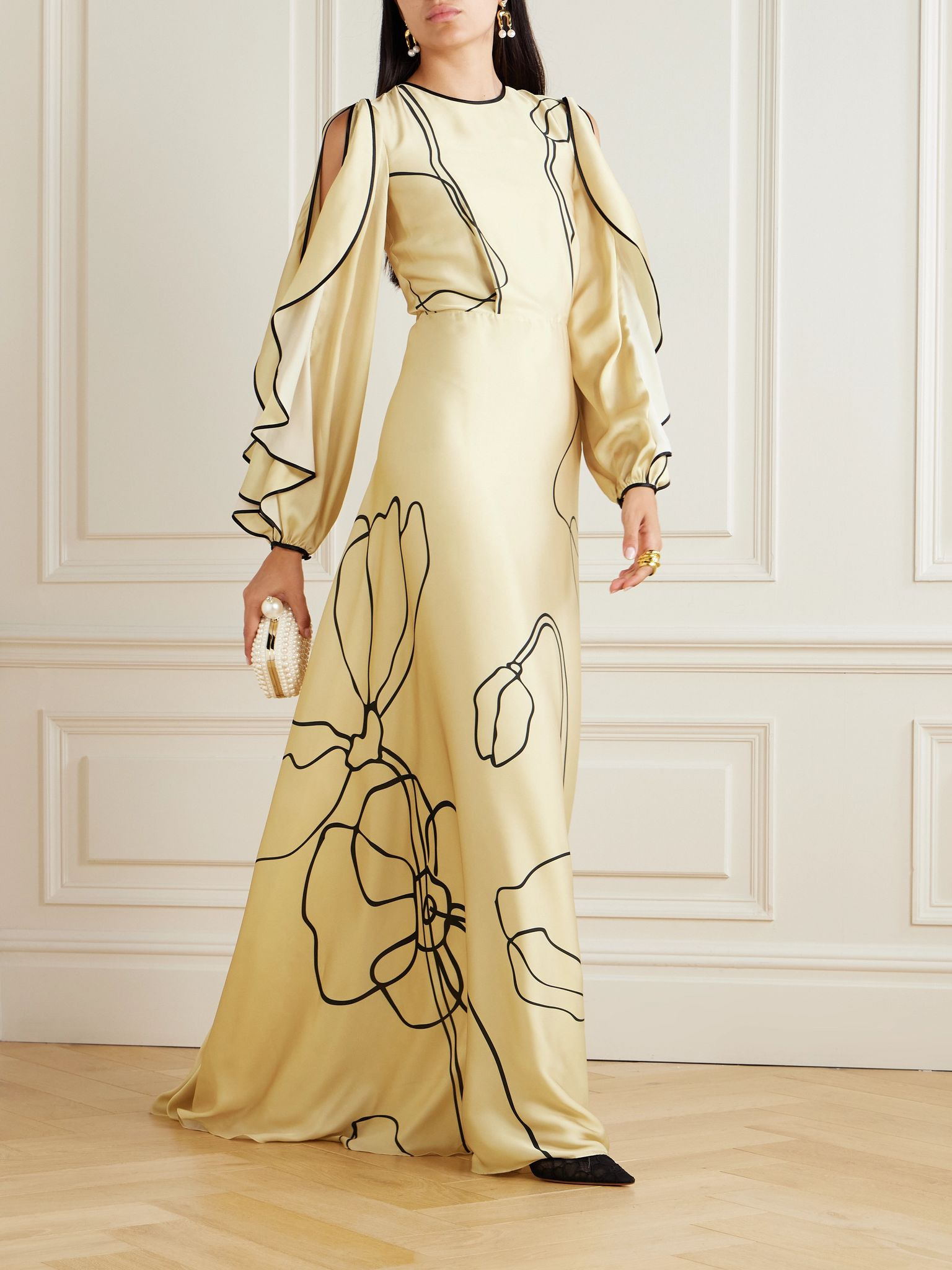 Priela ruffled cutout floral-print satin gown Gold - 2