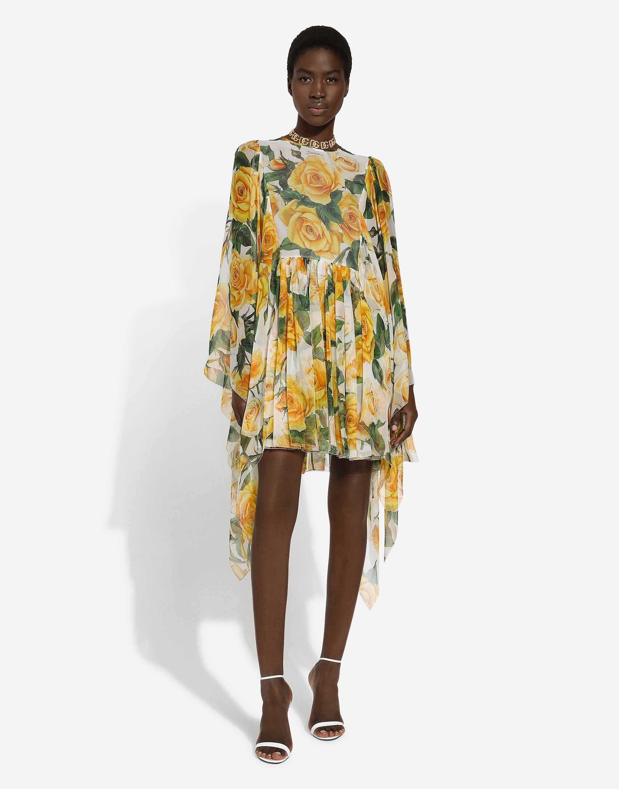 Short silk chiffon dress with yellow rose print - 2