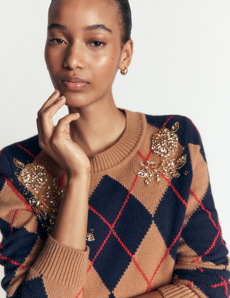 Embellished Jacquard Sweater-Camel Melange Argyle 4