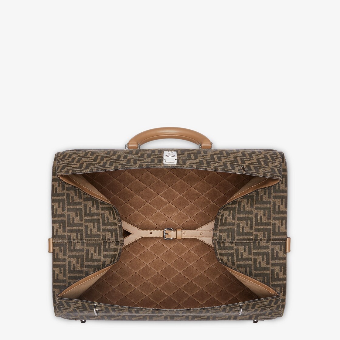 Suitcase with side opening, made of fabric with jacquard FF motif and beige leather. Snap clasp with - 4