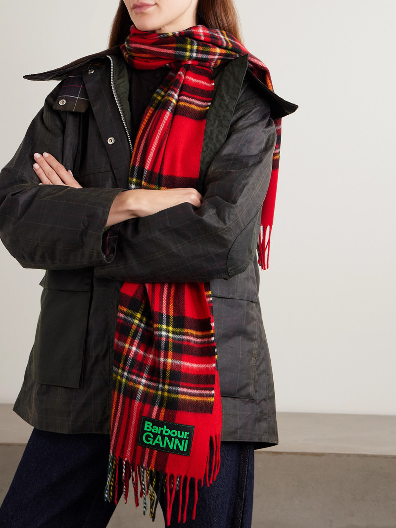 Barbour + Ganni Fringed Appliquéd Checked Wool Scarf outlook