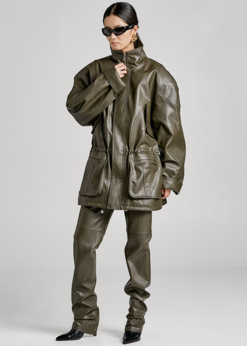 Ascona Faux Leather Jacket - Dark Olive 4