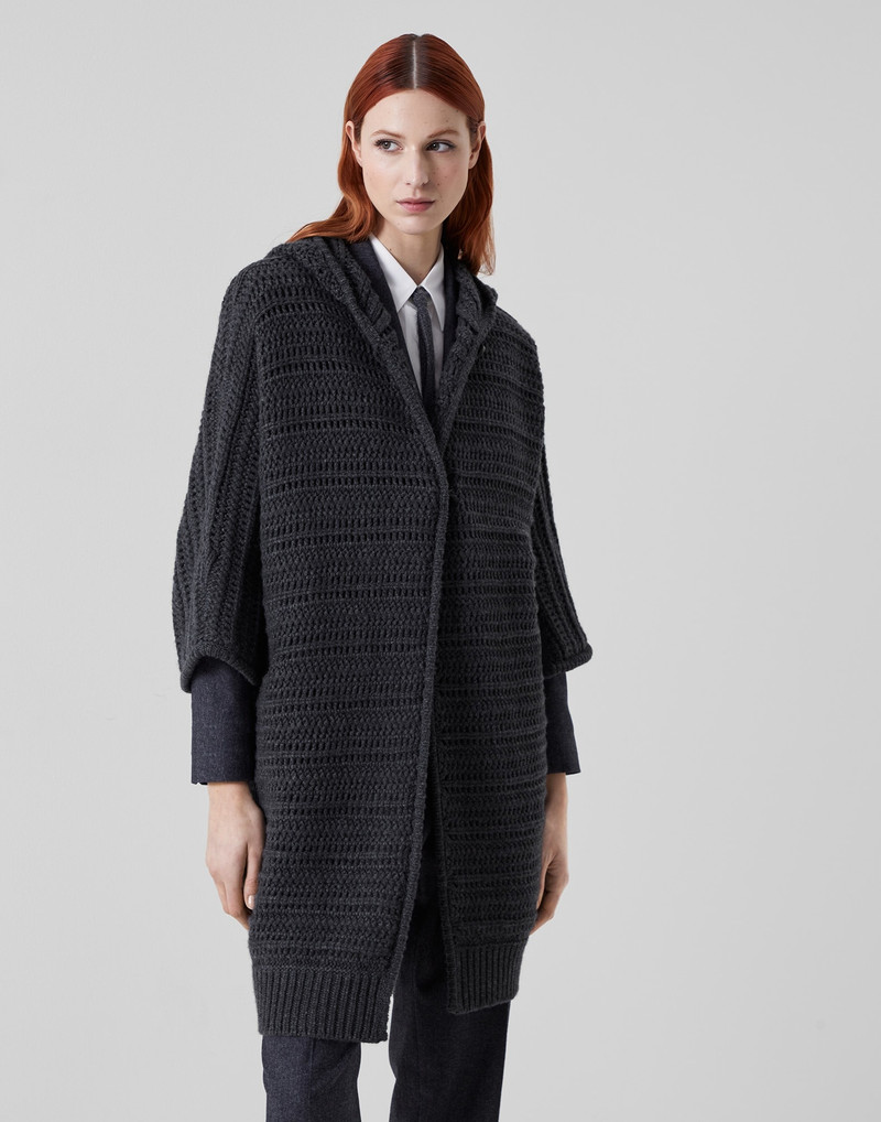 Cashmere Feather yarn crochet-effect cardigan with hood 1