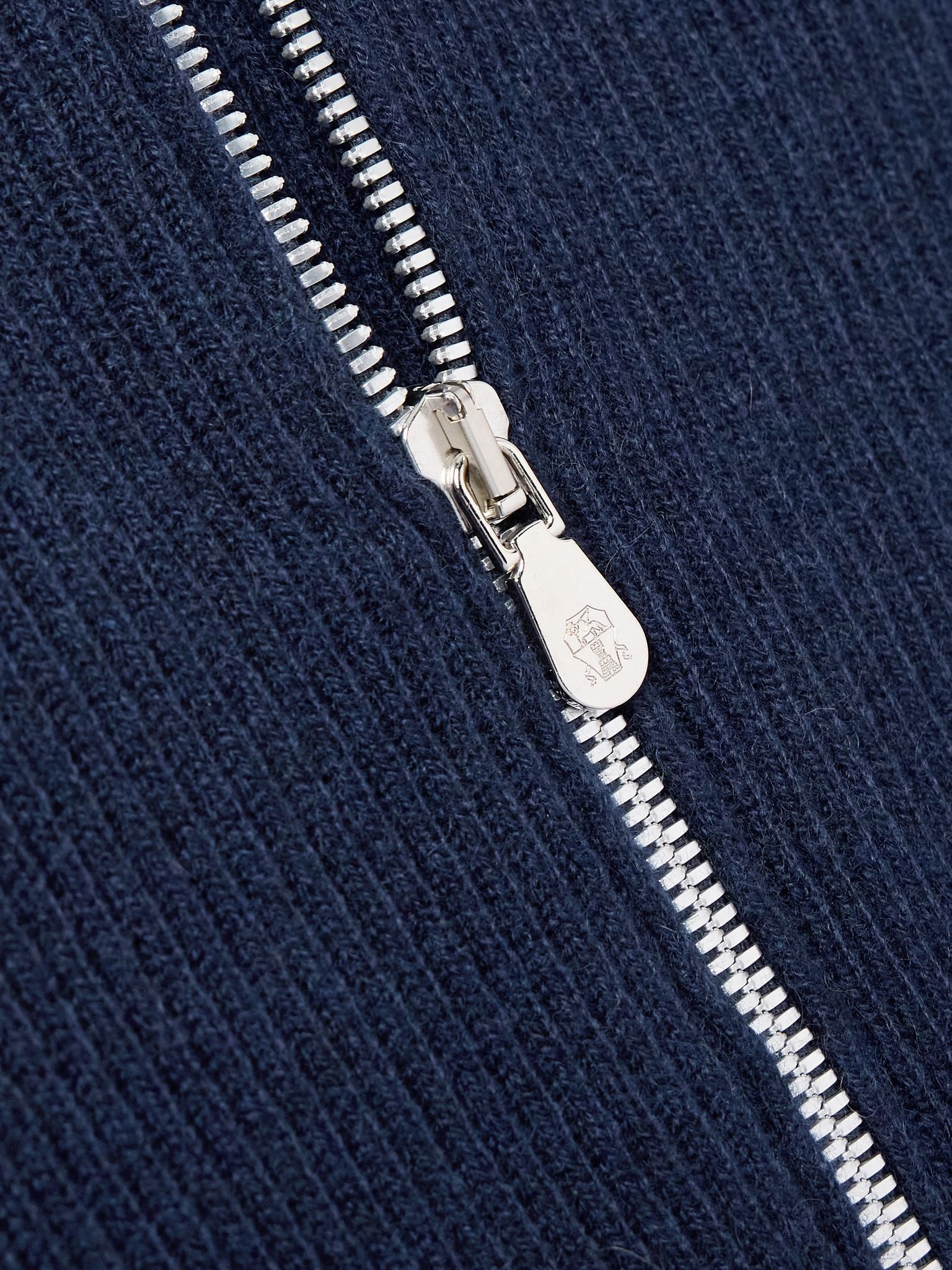 Cotton Twill-Trimmed Ribbed Cashmere Zip-Up Cardigan Navy - 5