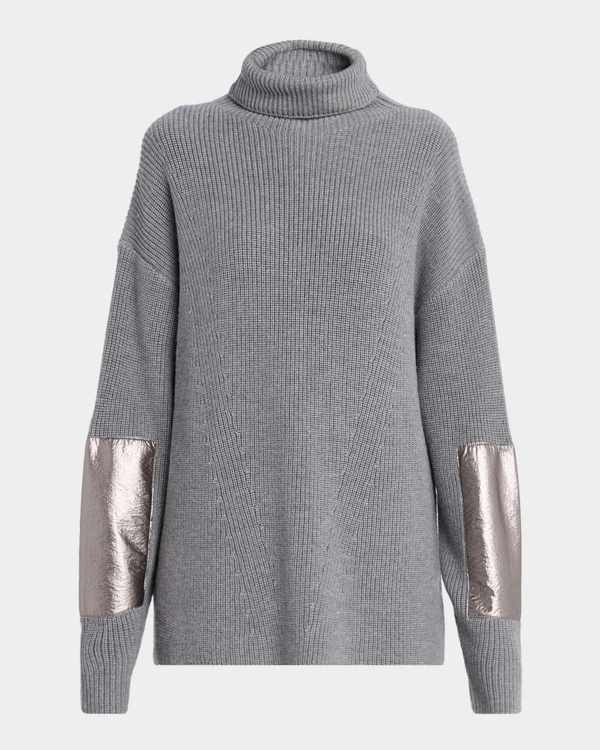 Metallic Leather-Patch Merino Wool Turtleneck Sweater - 1