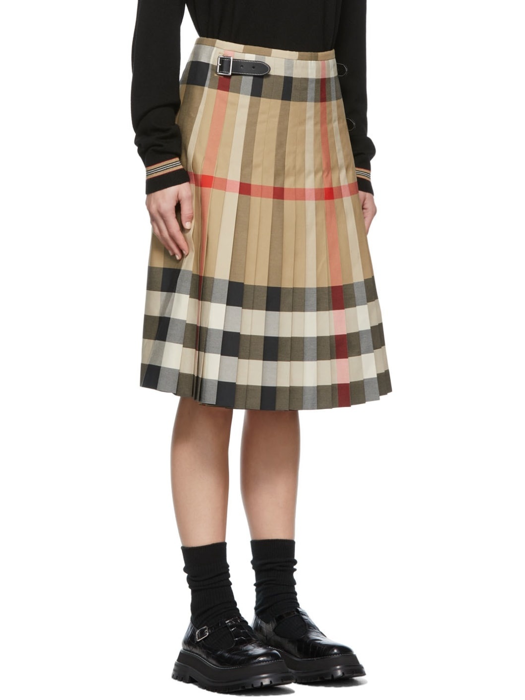 Beige Pleated Check Skirt - 2