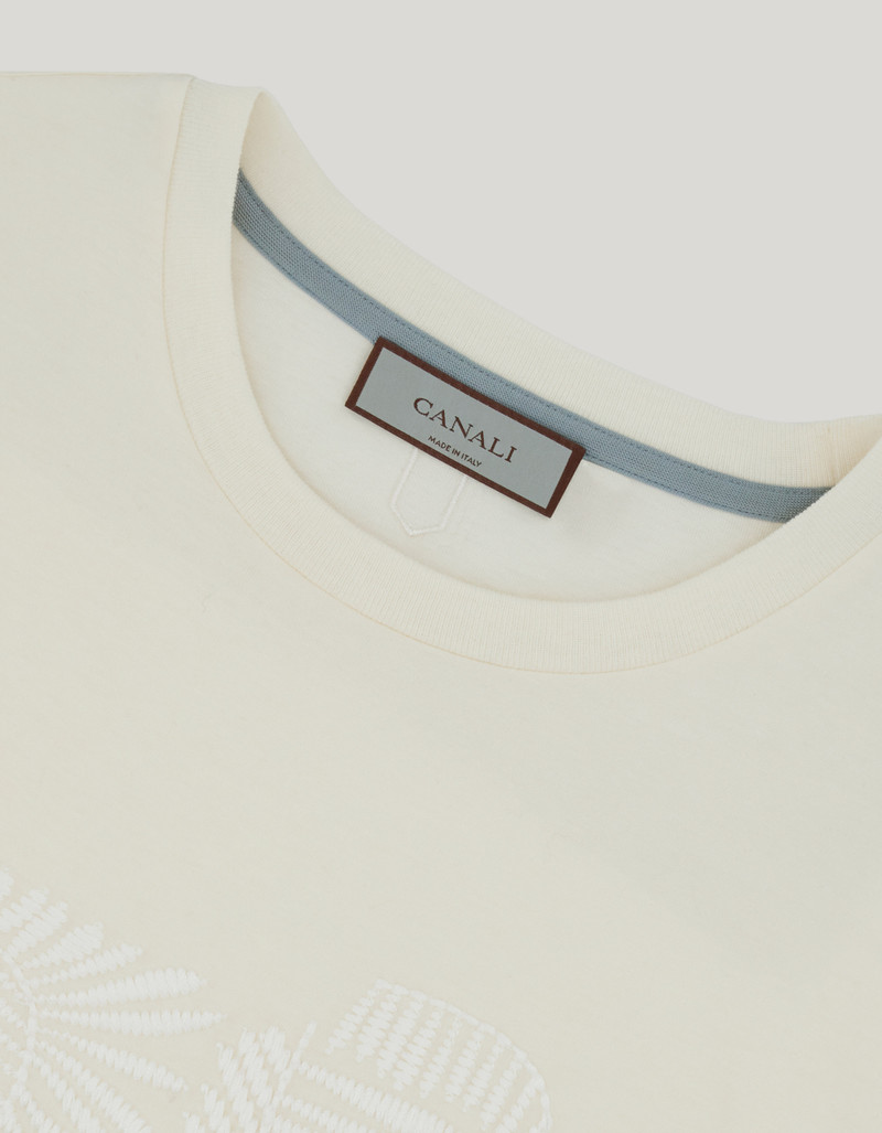CREAM COTTON JERSEY T-SHIRT WITH RIBBED COLLAR AND GRAPHIC EMBROIDERY 6