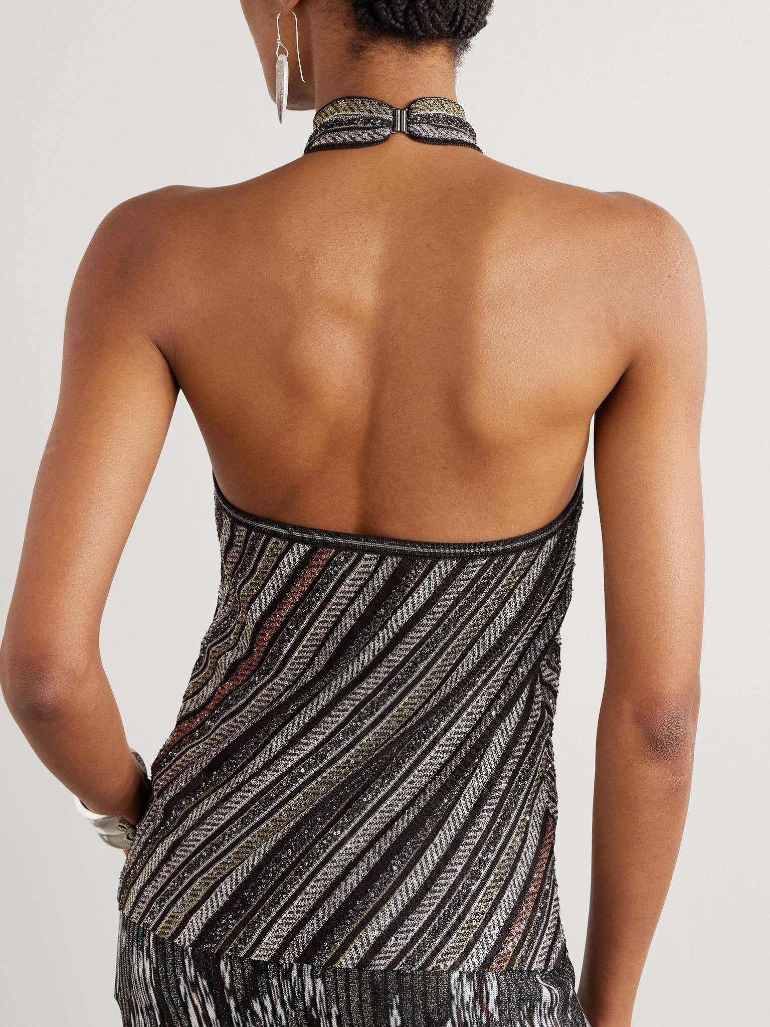 Sequined striped crochet-knit halterneck top Metallic - 3