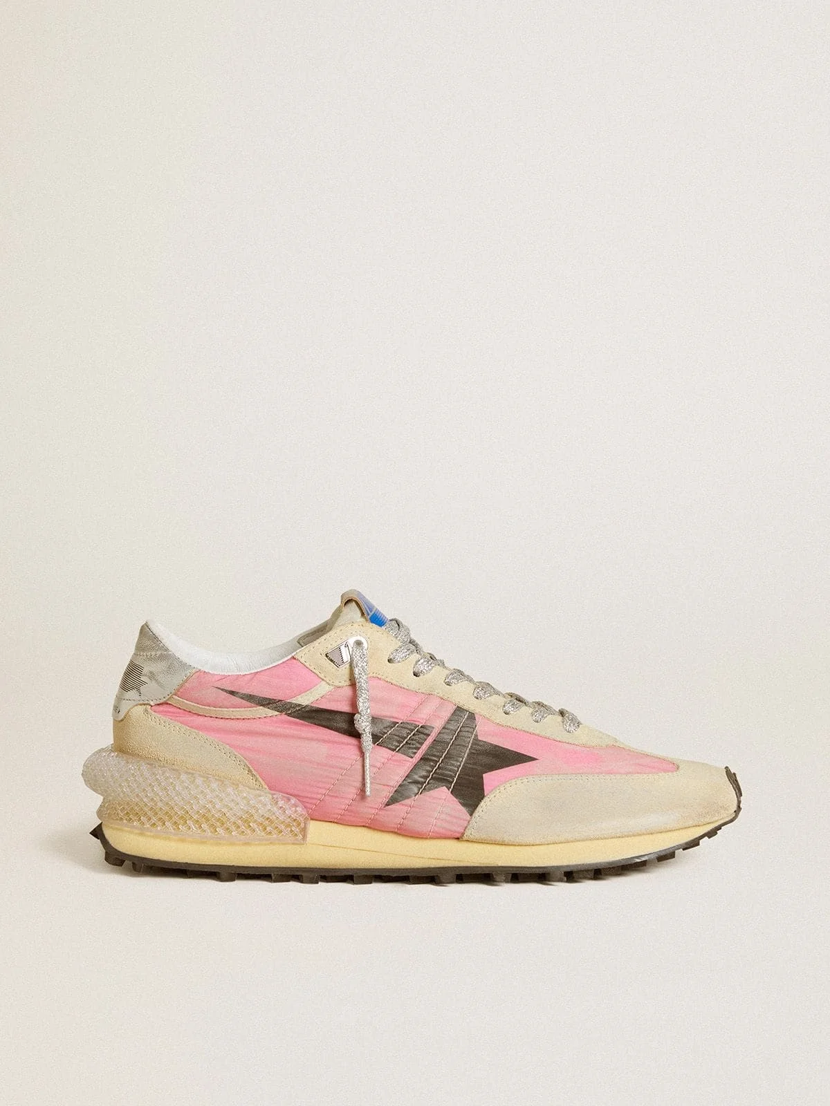 Women's Marathon in pink nylon and beige suede with black printed star - 1