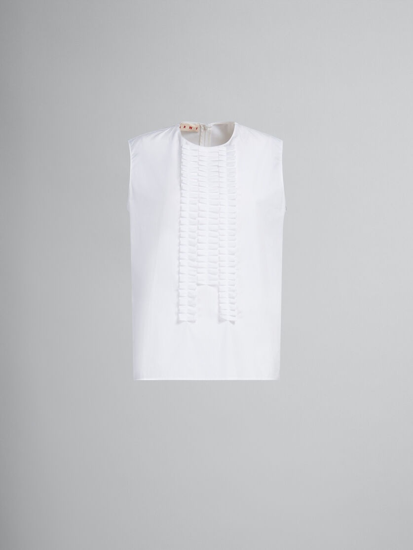 WHITE ORGANIC POPLIN SLEEVELESS TOP WITH PLEATED DETAILING - 1