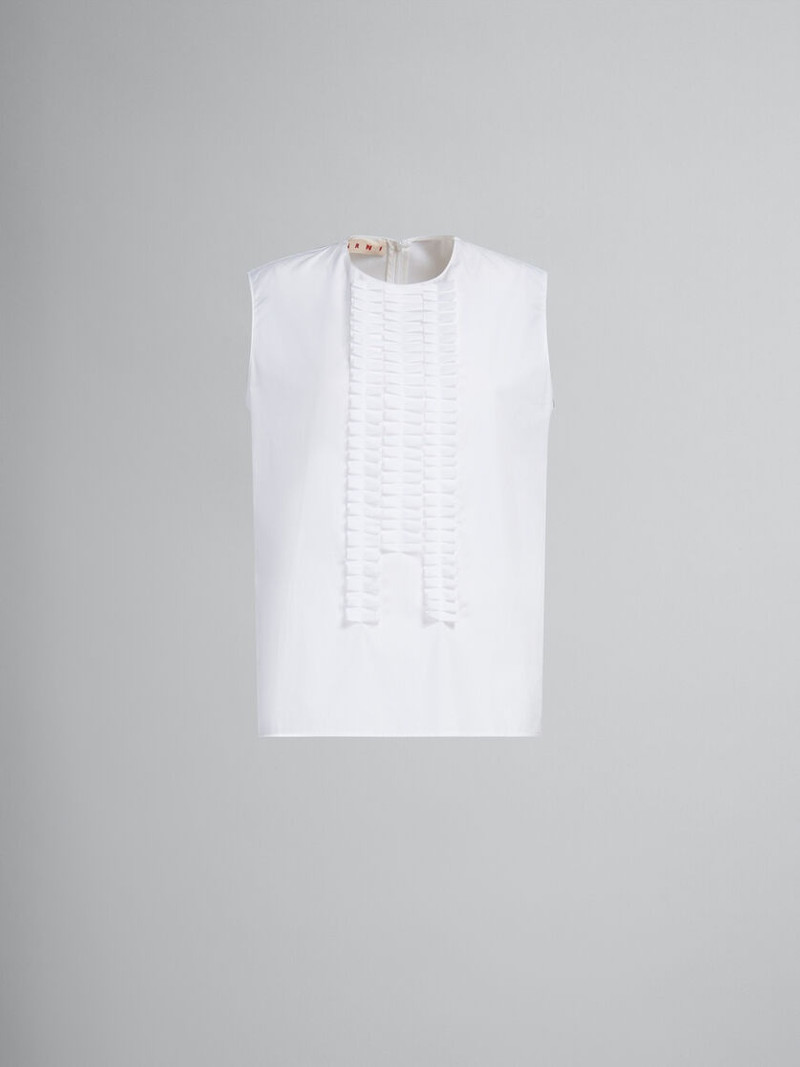 WHITE ORGANIC POPLIN SLEEVELESS TOP WITH PLEATED DETAILING - 1