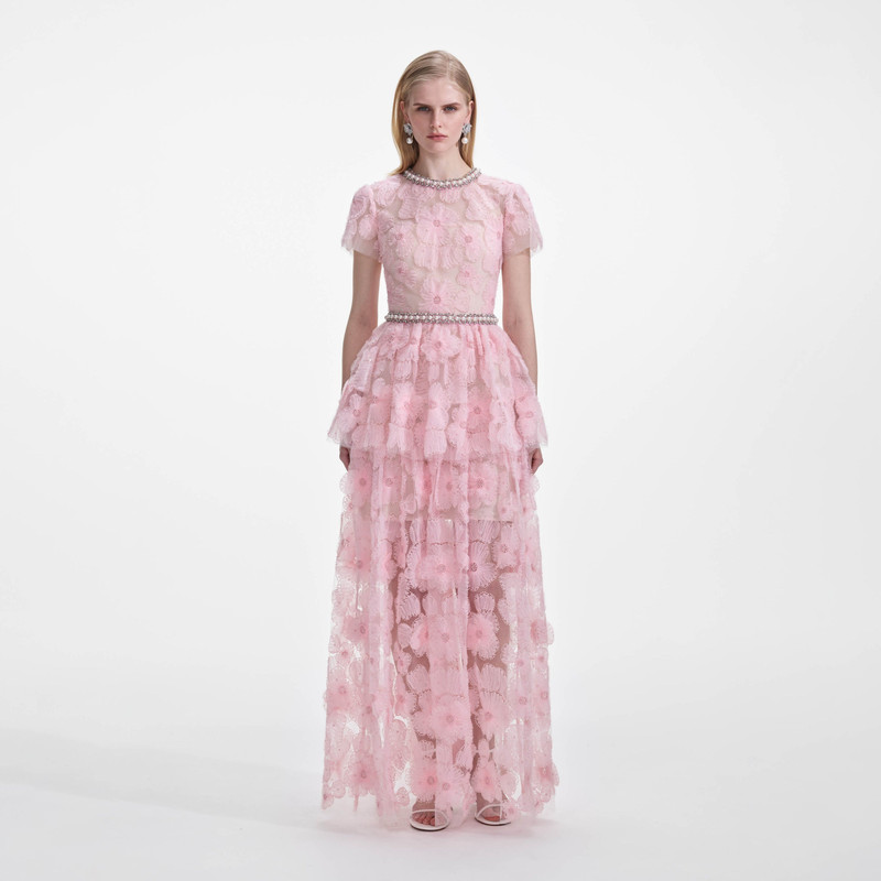 chinese dress ladies Pink Organza Lace Maxi Dress  self-portrait