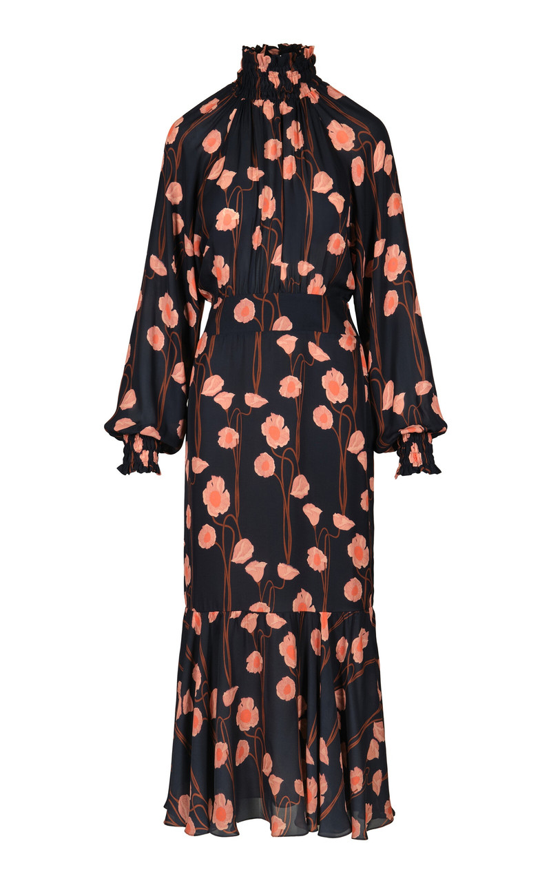 Lo Sublime High Neck Silk Midi Dress navy 1