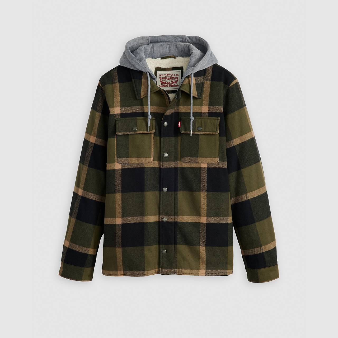 Cropped, sherpa-lined Levi & Strauss shops jacket, colorful plaid