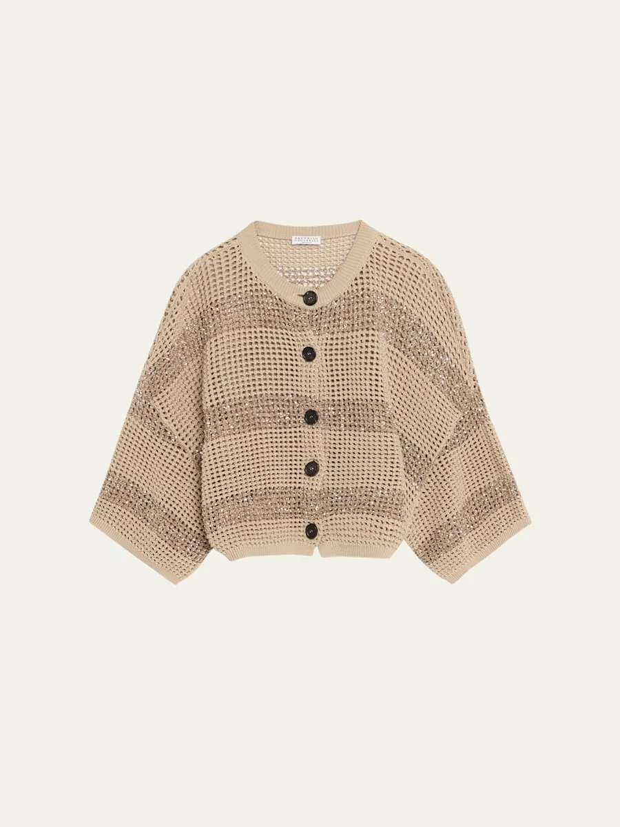 Paillette Striped Open-Knit Short-Sleeve Cardigan - 1