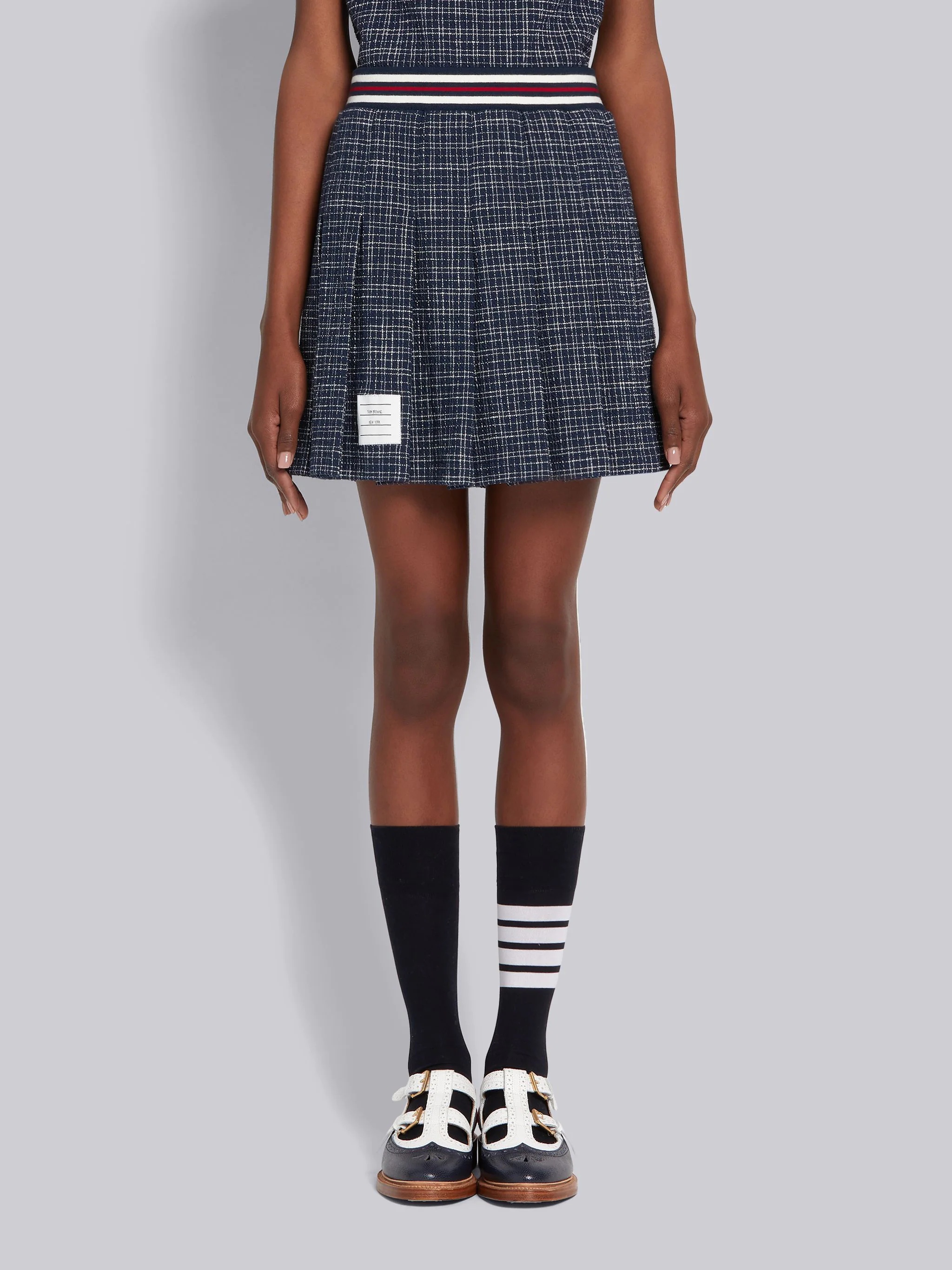 Navy Textured Cotton Tweed Small Hairline Check Mini Skirt - 1