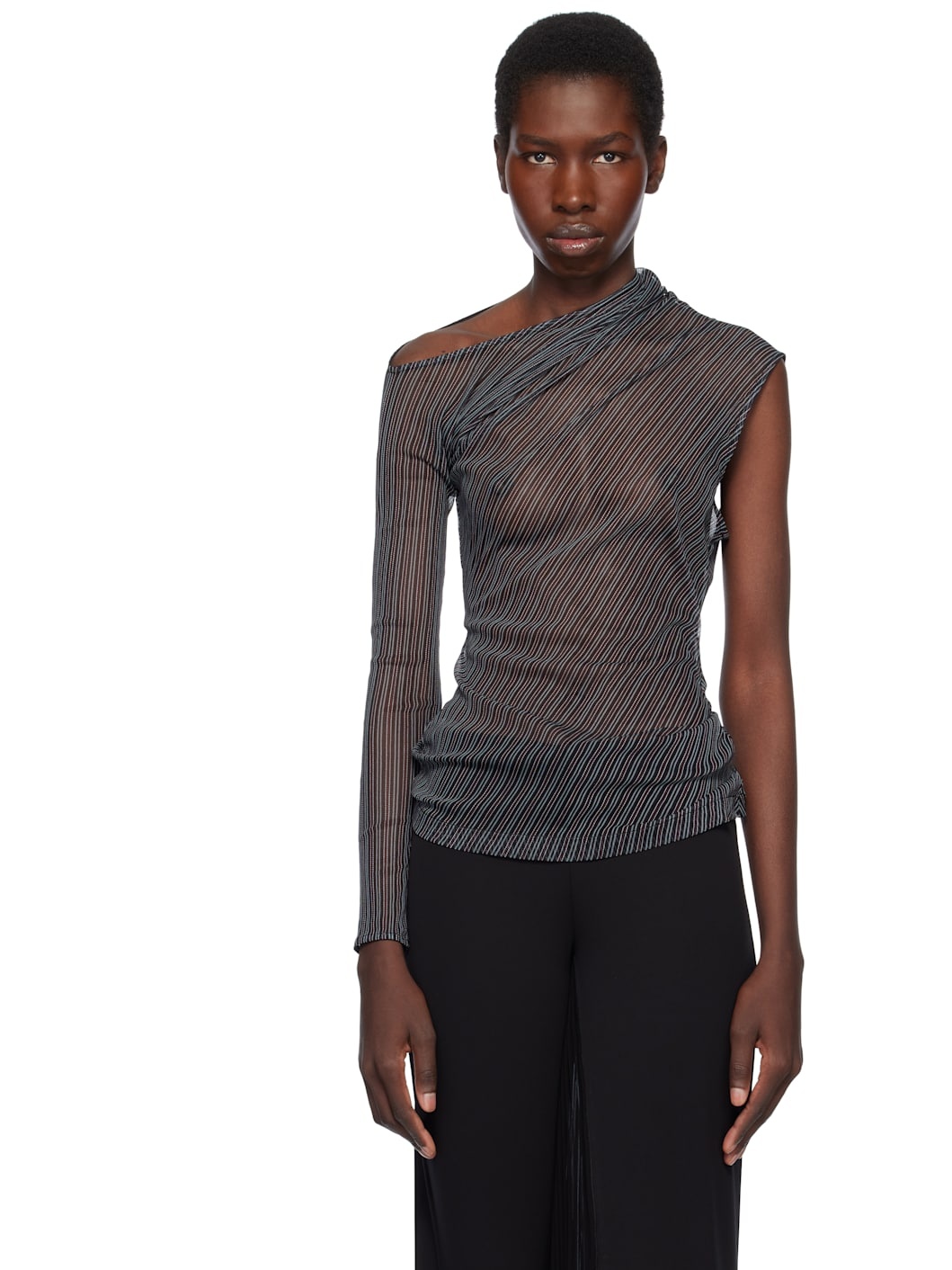 Black Asymmetric Striped Mesh T-shirt - 1