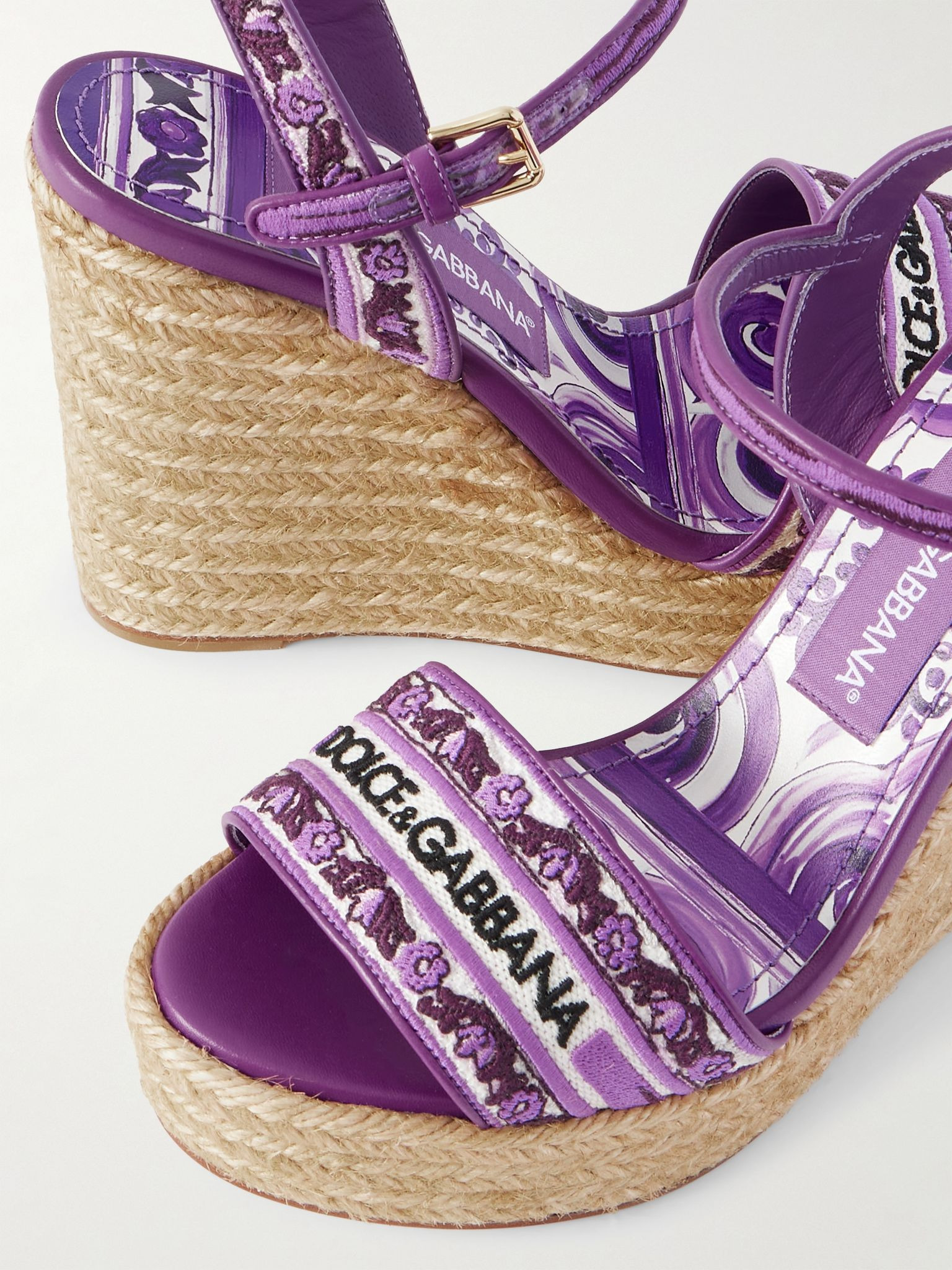 Leather-trimmed embroidered canvas platform wedge sandals Purple - 4