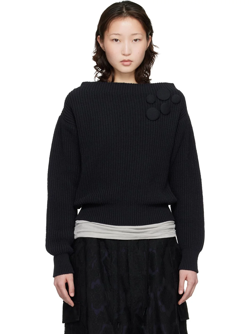 Navy Badge Applique Knit Pullover Sweater - 1