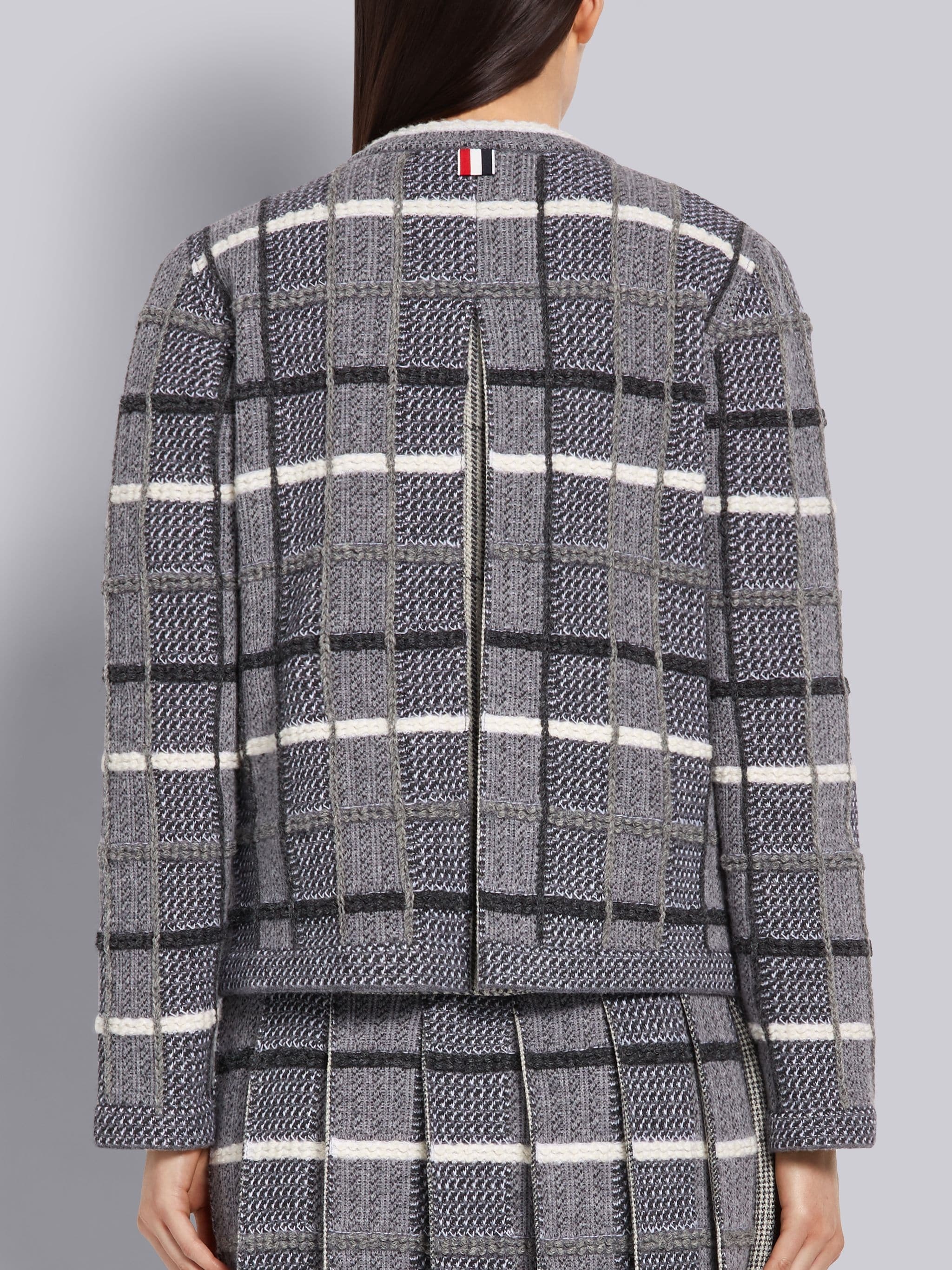 Tonal Grey Shetland Merino Wool Check Jacquard Inlay Crewneck Jacket - 3