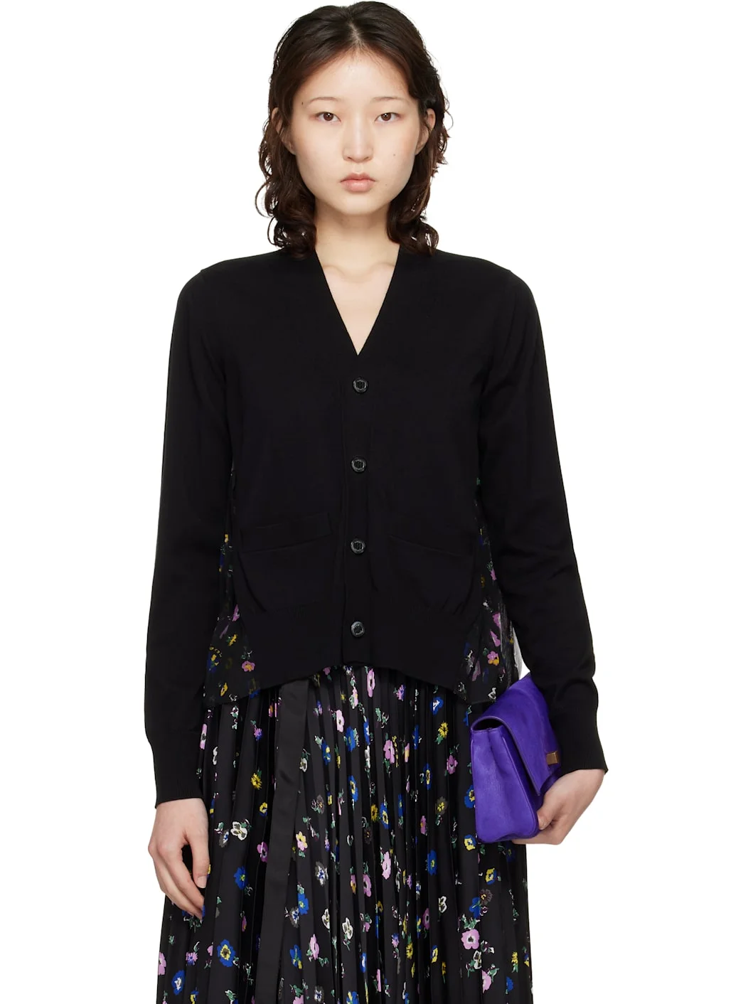 Black Floral Print Cotton Knit Cardigan - 1