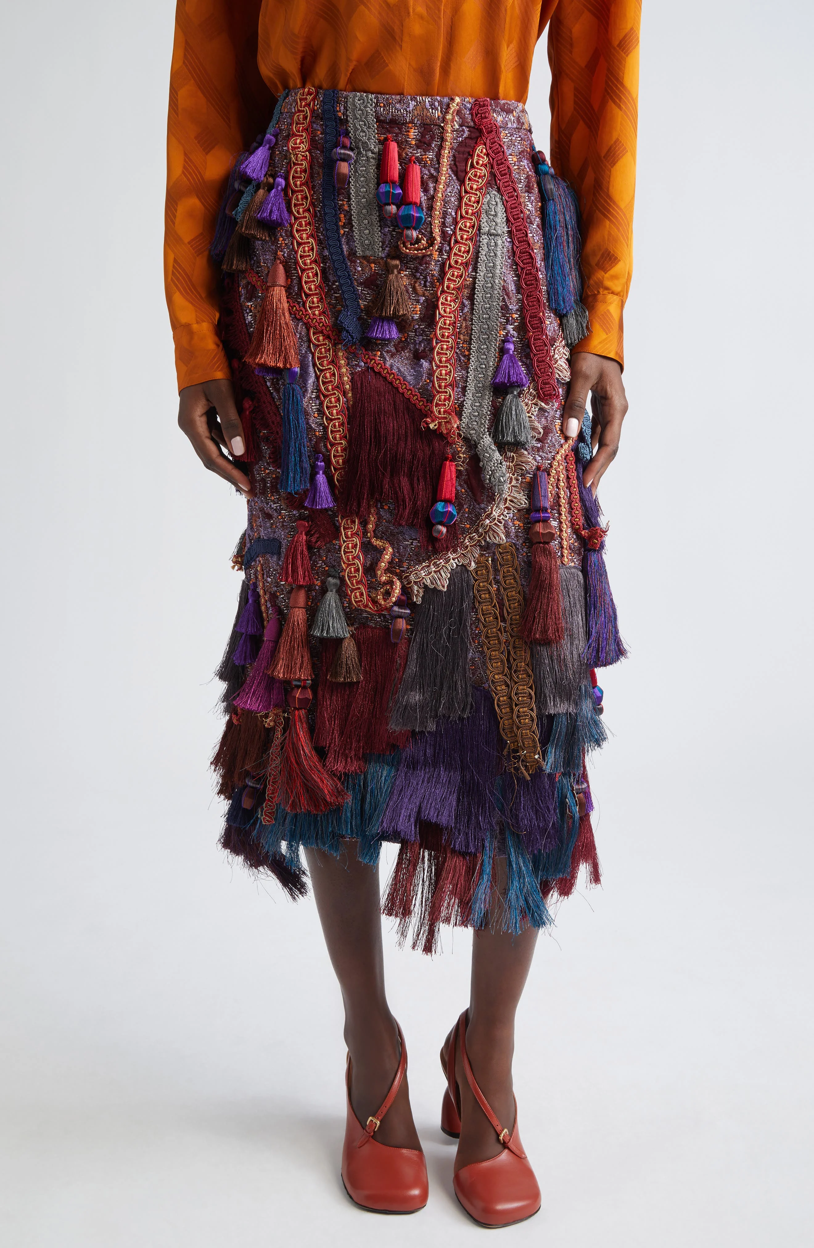 Dries Van Noten Sokna Tassel Trim Cloqué, Fringe & Tweed Midi Skirt in Burgundy at Nordstrom - 1