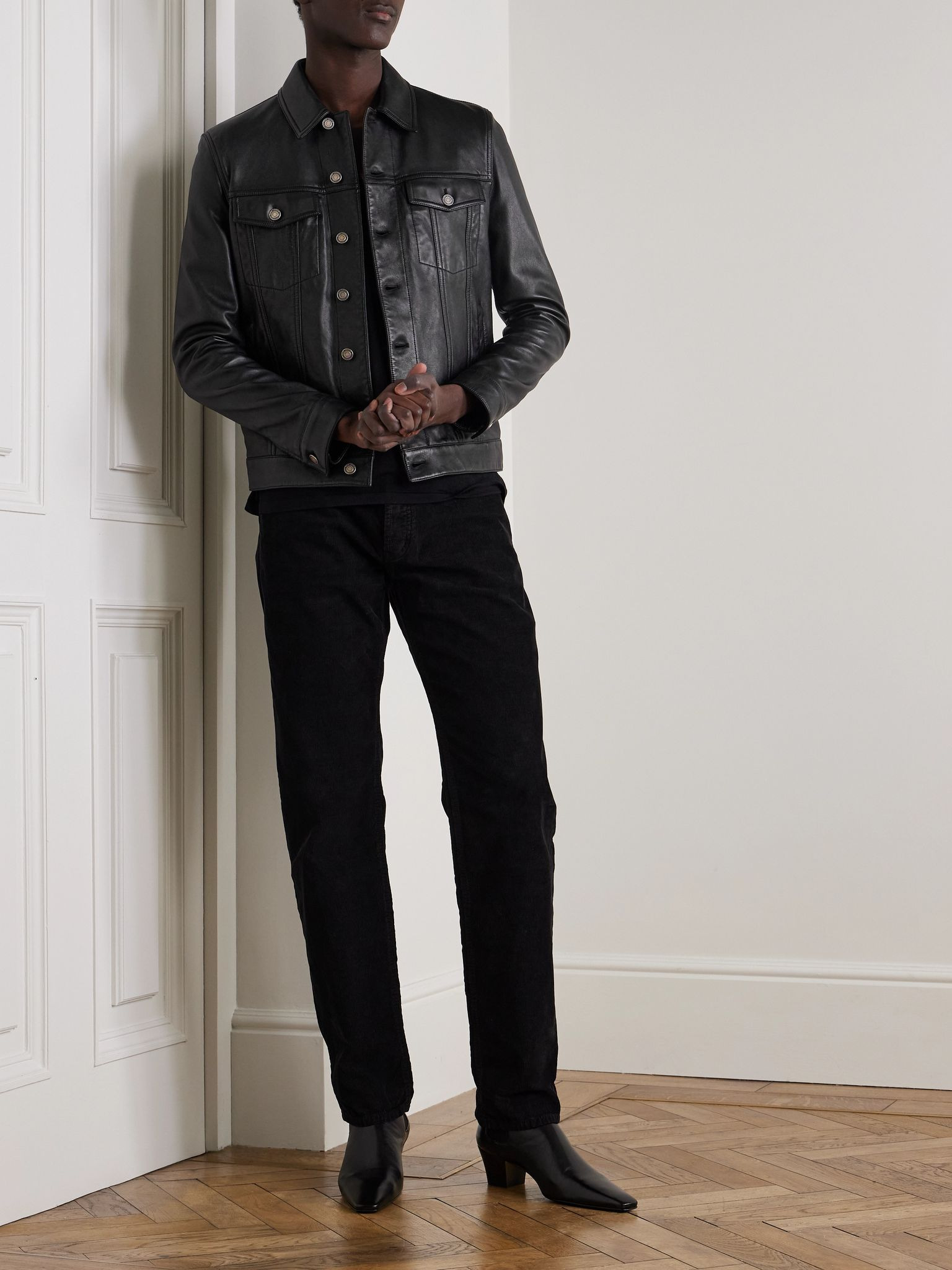 Slim-Fit Leather Trucker Jacket Black - 2