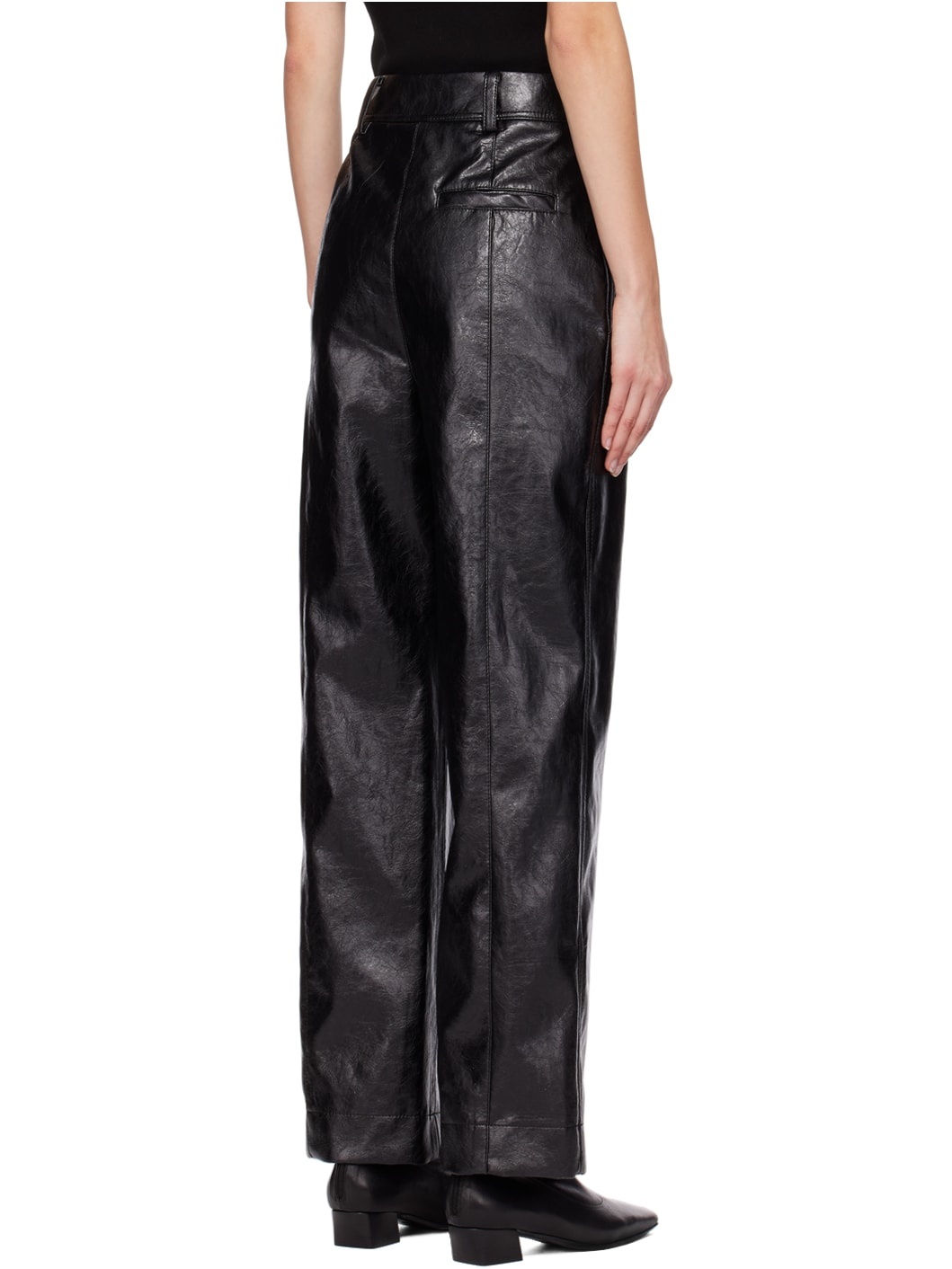 Black Cracked Faux Leather Trousers - 3