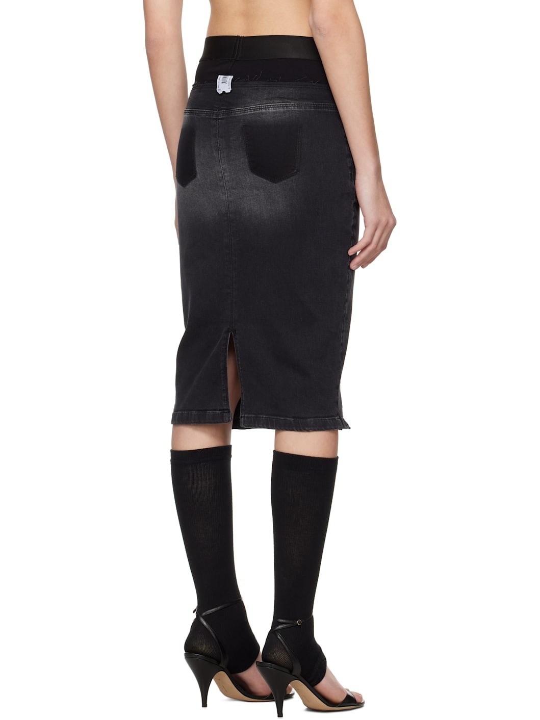 Black Waistband Pencil Denim Midi Skirt - 3
