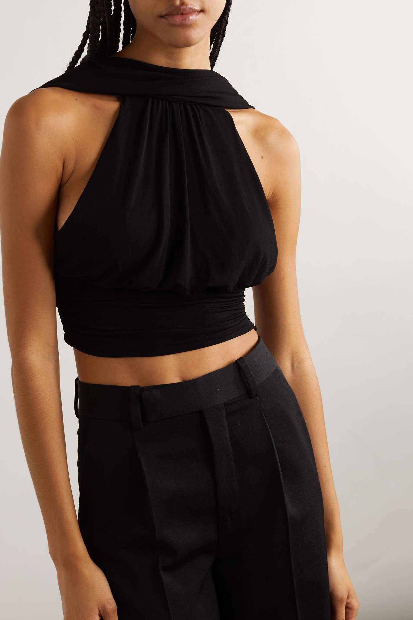 Open-back cropped draped stretch-jersey top - 3