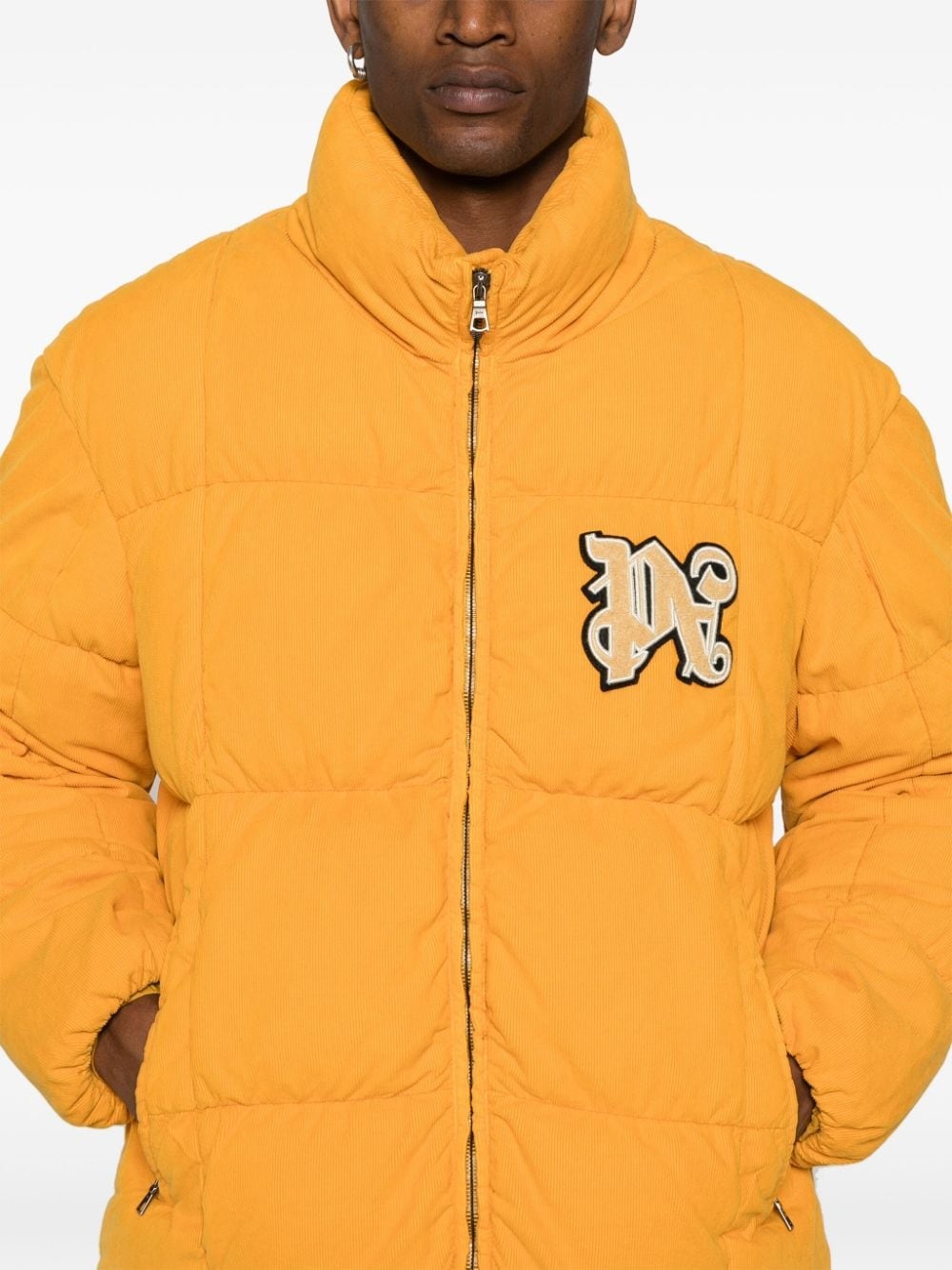 logo-patch corduroy down jacket - 5