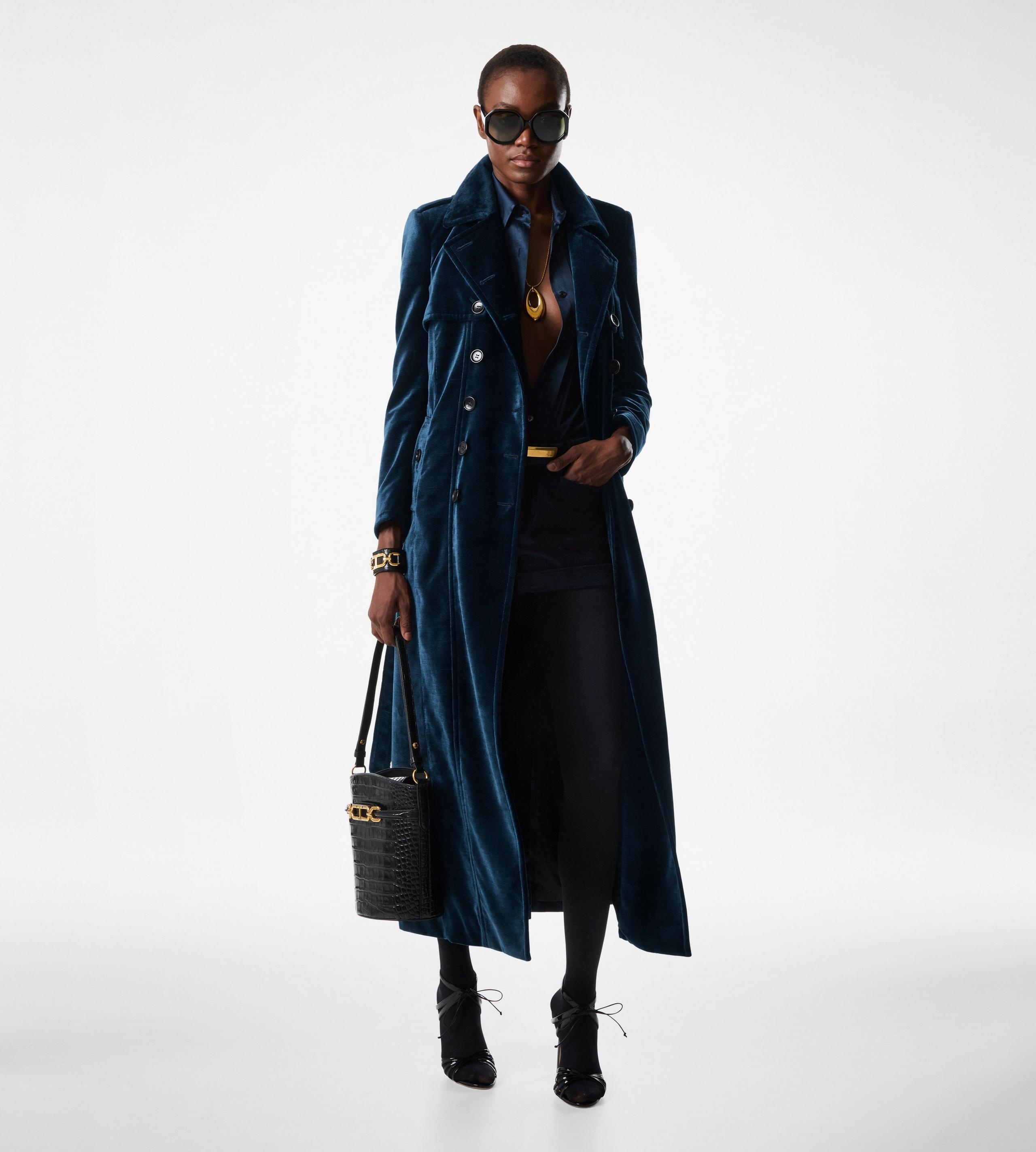 SLUBBED VELVET LONG TRENCH COAT - 2
