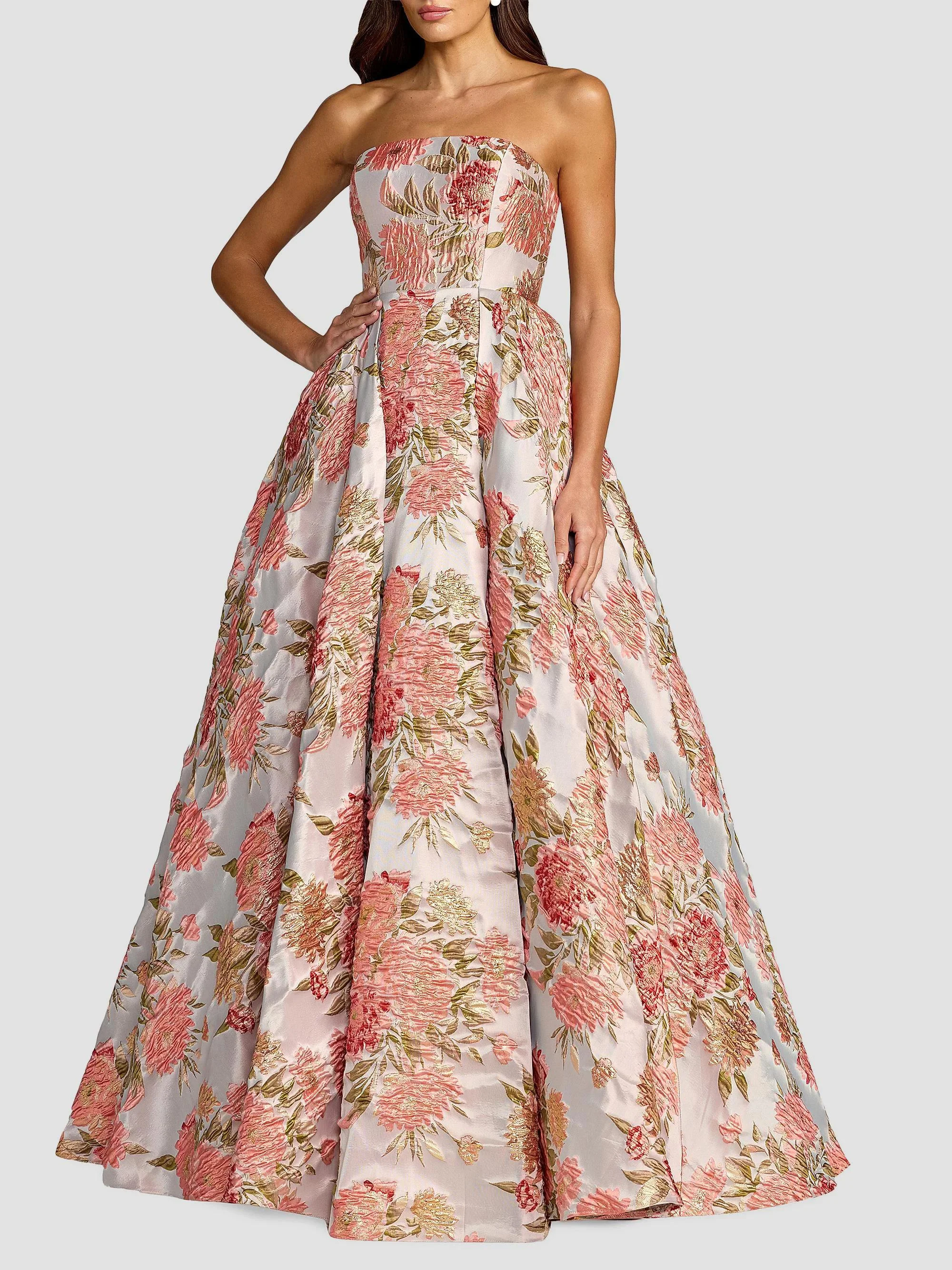 Women's Floral Brocade Strapless Ball Gown - Pastel Multi - 1