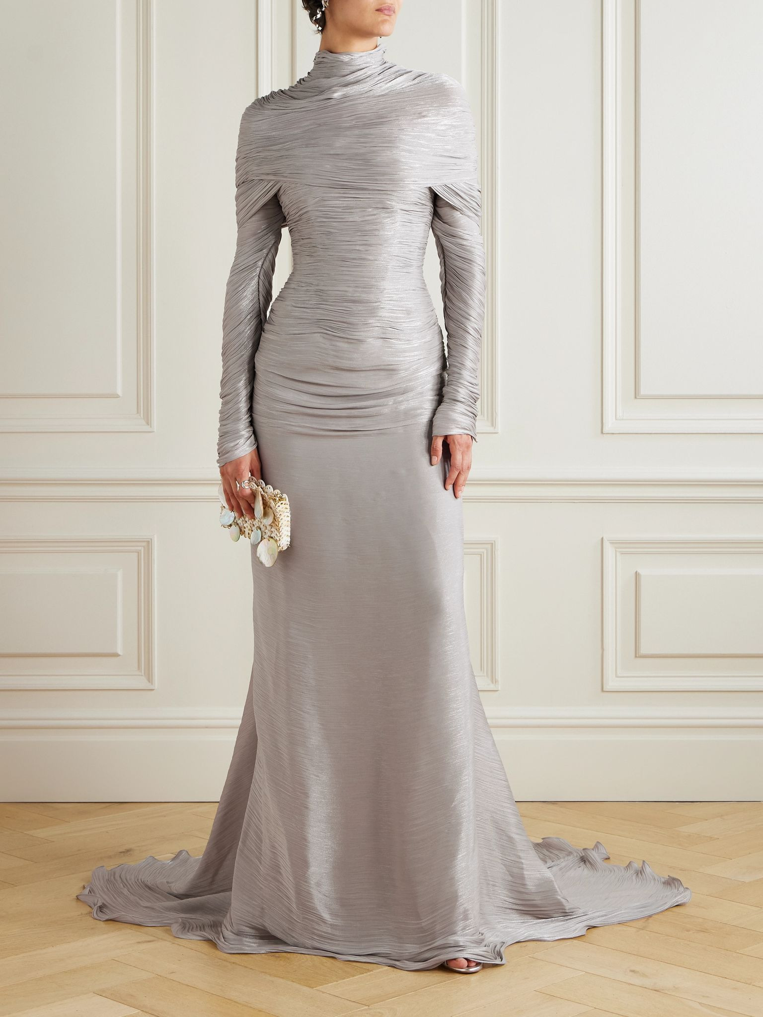Cape-effect metallic plissé-chiffon gown Silver - 2