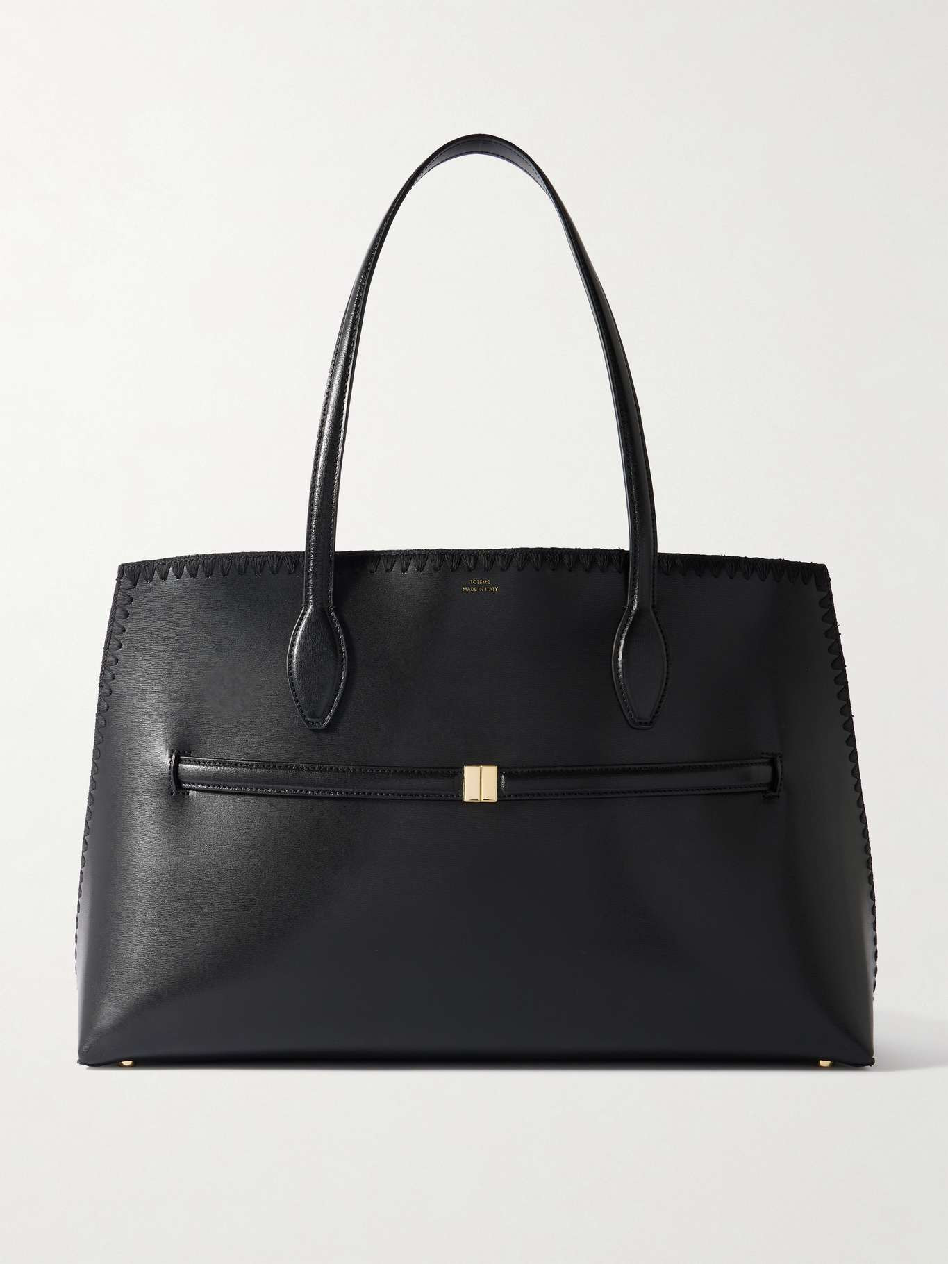 Belted whipstitched leather tote Black - 1