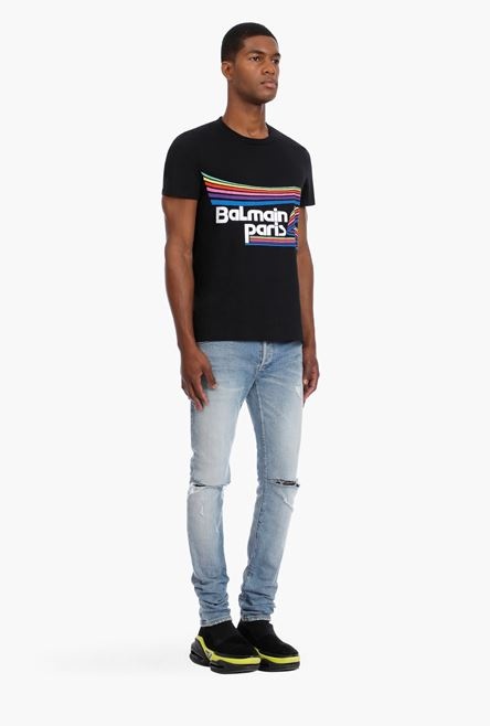 Black cotton T-shirt with multicolor rubber Balmain Paris logo - 7