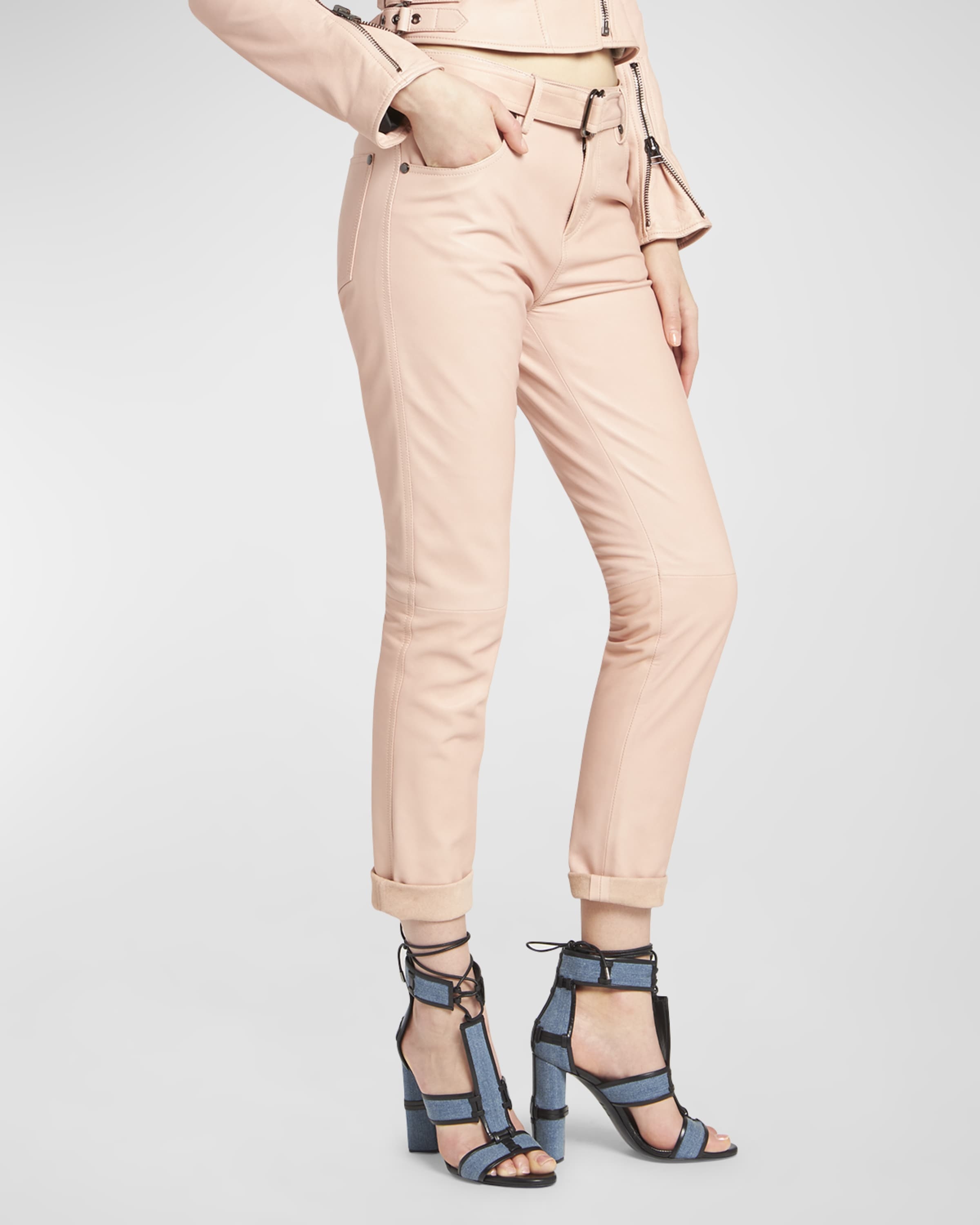 Belted Leather Straight-Leg Ankle Boyfriend Pants - 2