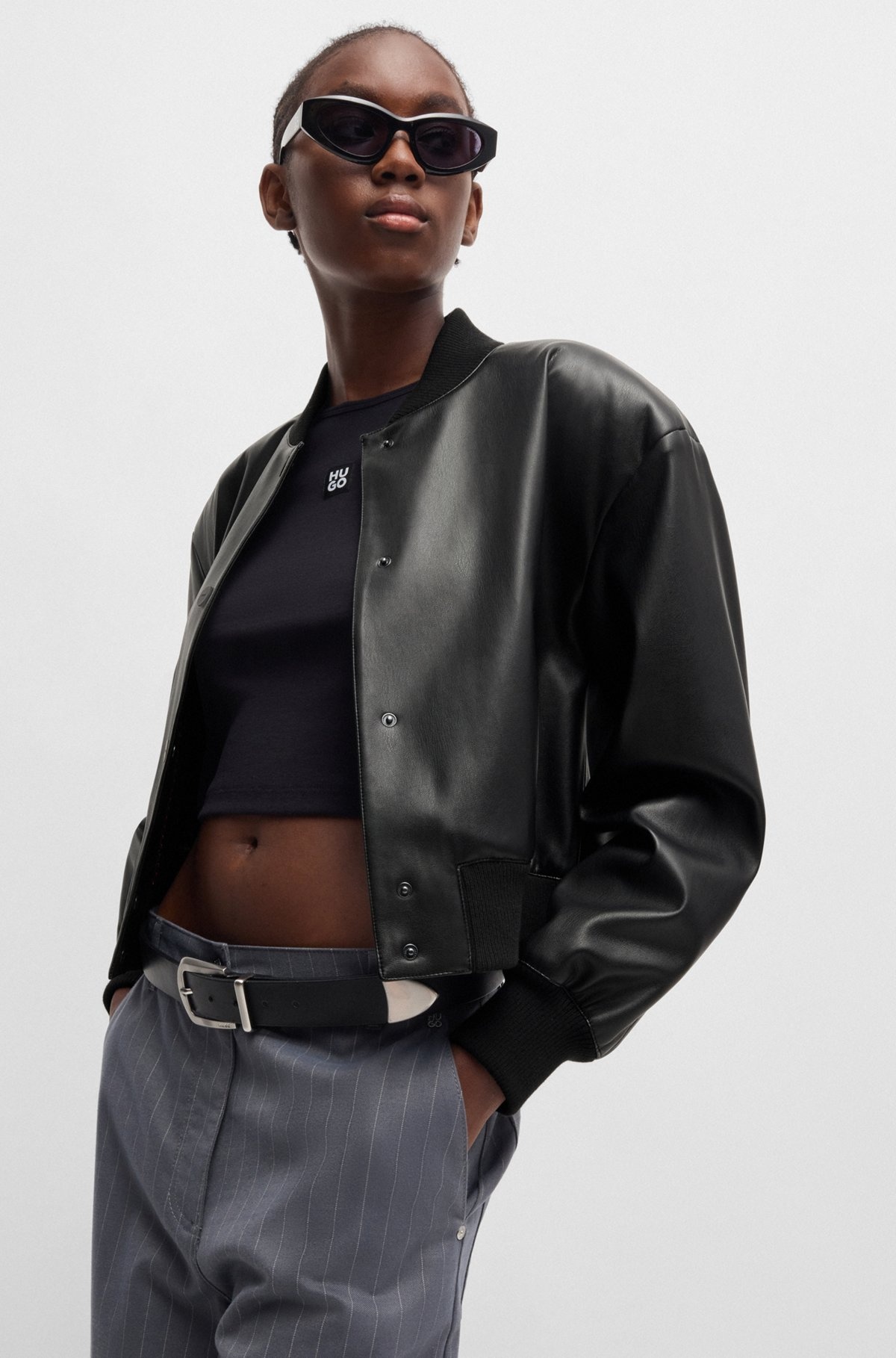 FAUX-LEATHER BOMBER JACKET WITH STACKED LOGO - 6