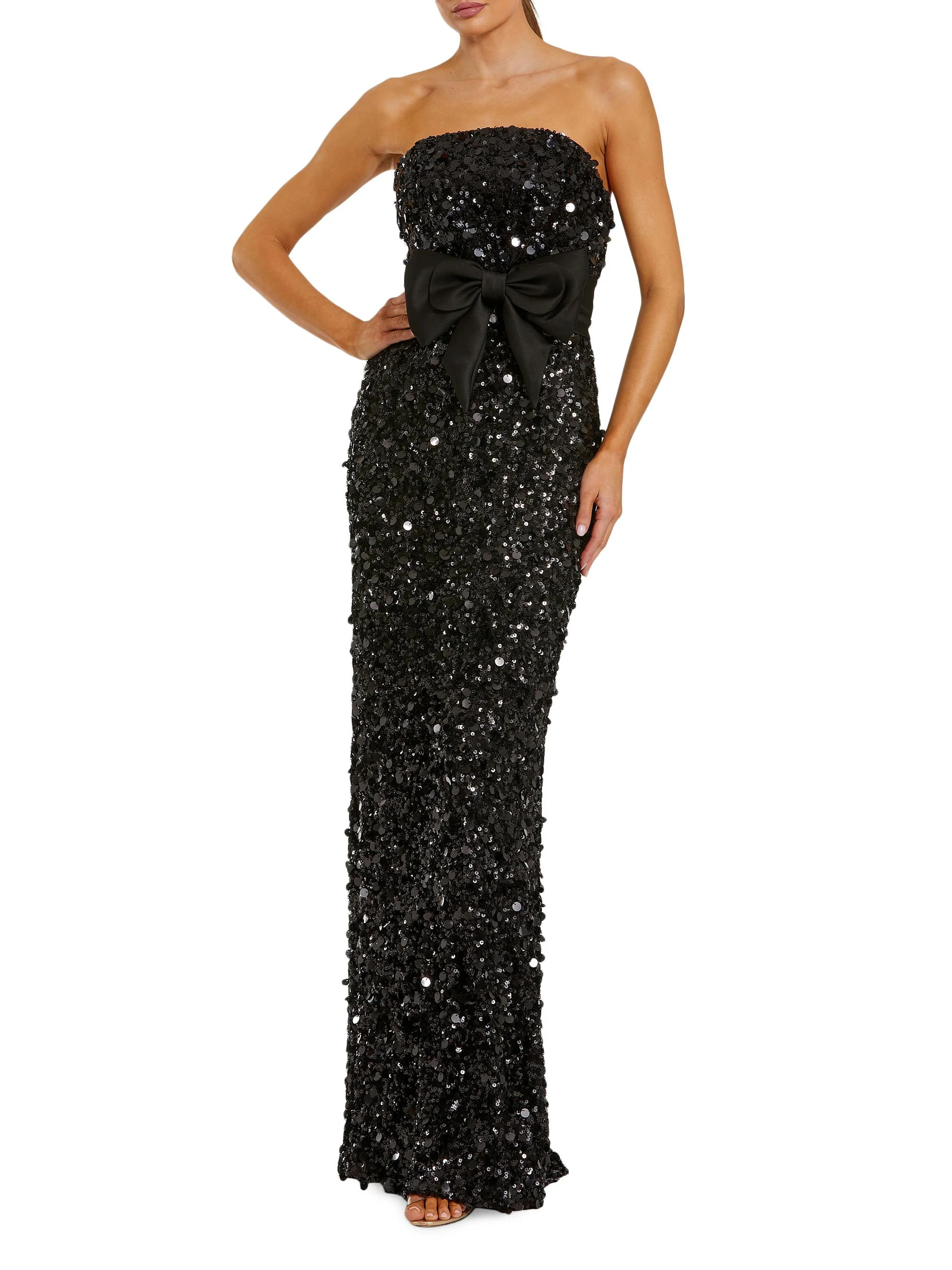 Women's Bandeau Sequined Column Gown - Black - 1