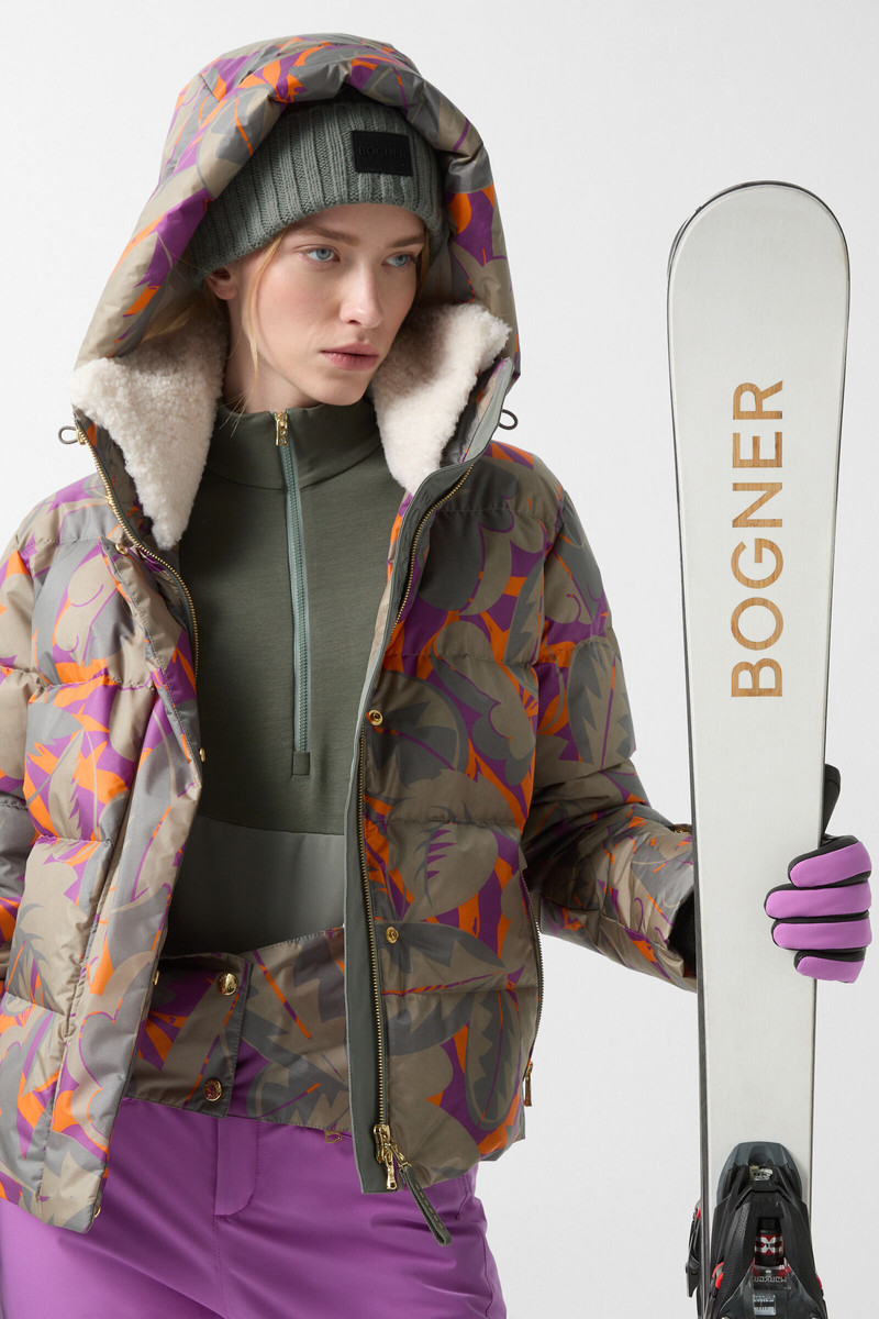 Maja down ski jacket in Olive green/purple/orange 7