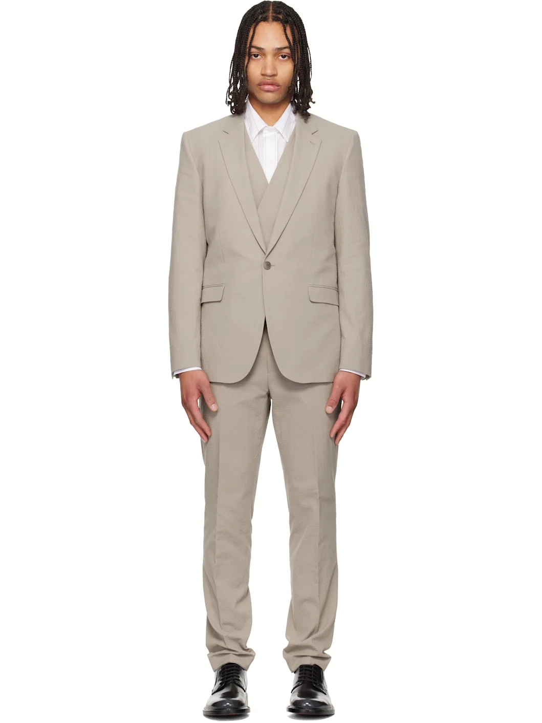 Taupe Three-Piece Extra-Slim-Fit Stretch-Cotton Seersucker Suit - 1