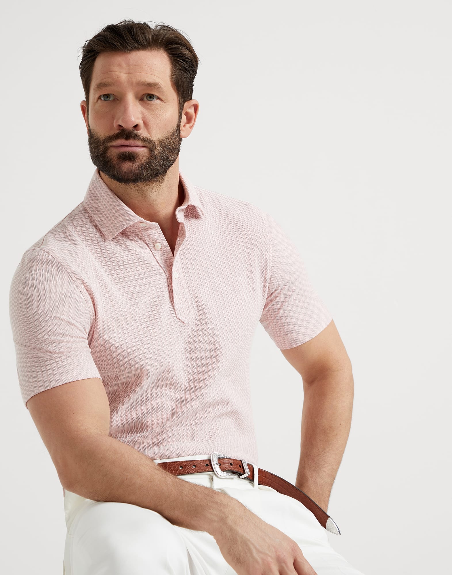 Cotton and silk textured piqué polo with shirt-style collar - 4