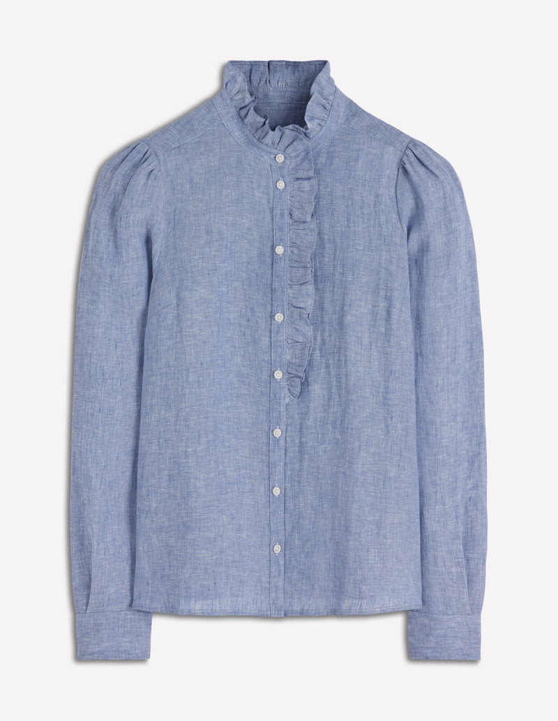 Isabel Ruffle Linen Shirt-Chambray 1