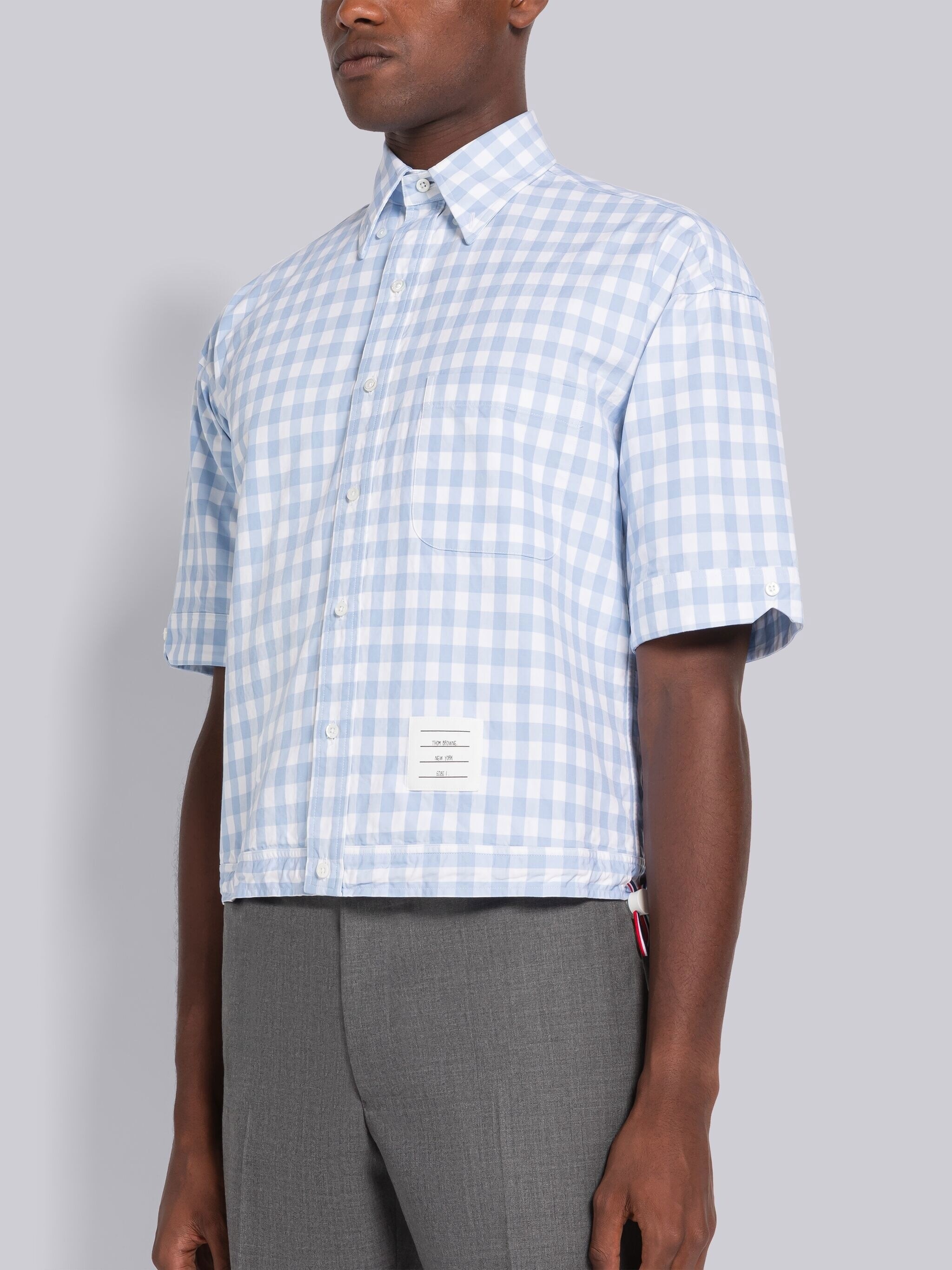 Gingham Poplin Drawstring Hem Short Sleeve Shirt - 2