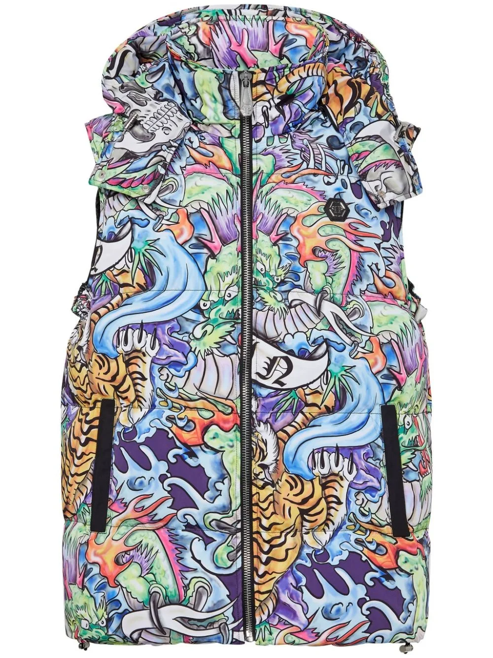 tattoo-print hooded puffer gilet - 1