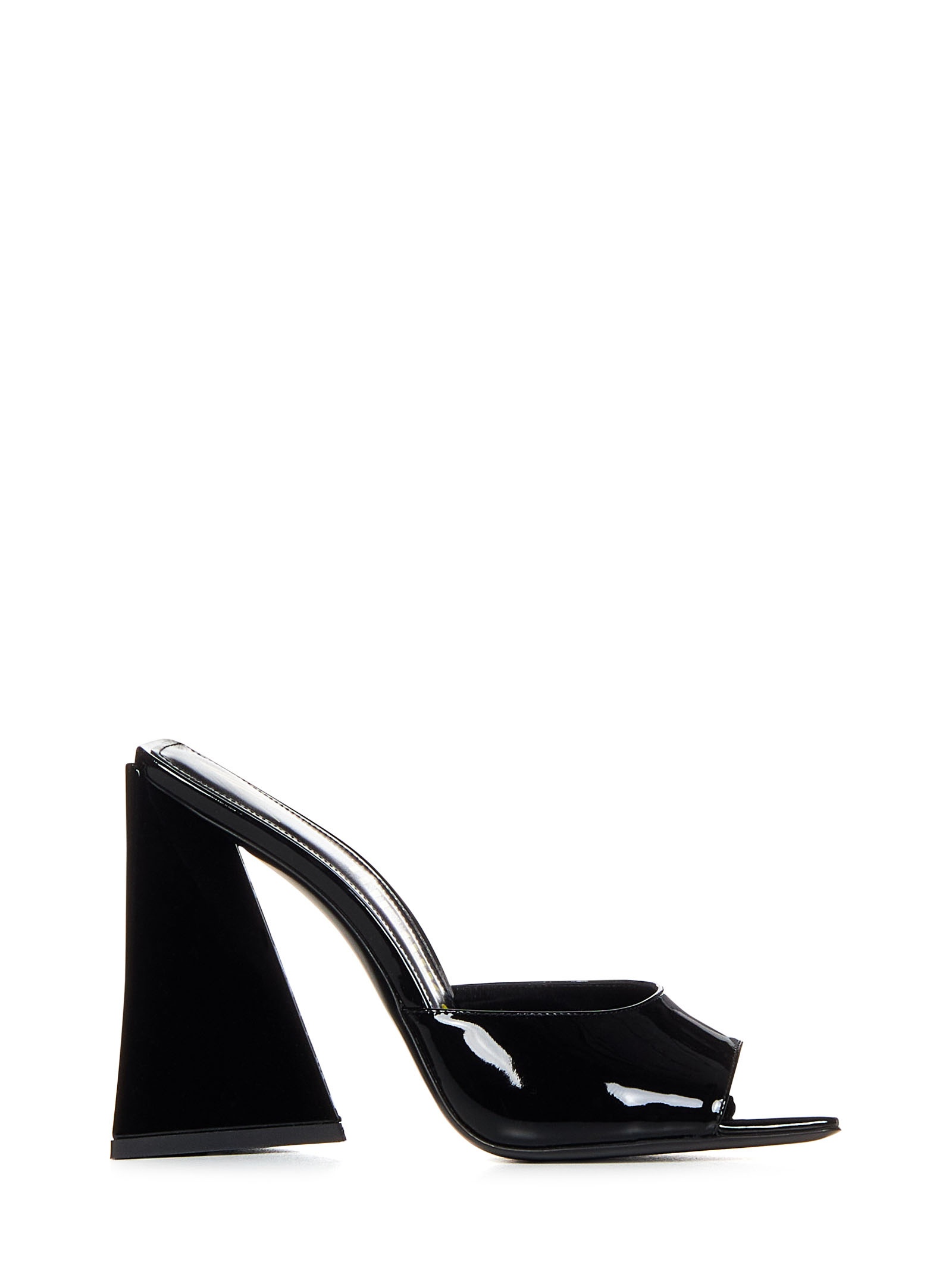 Black 'Devon' mules in patent calfskin with pyramidal heel. - 1