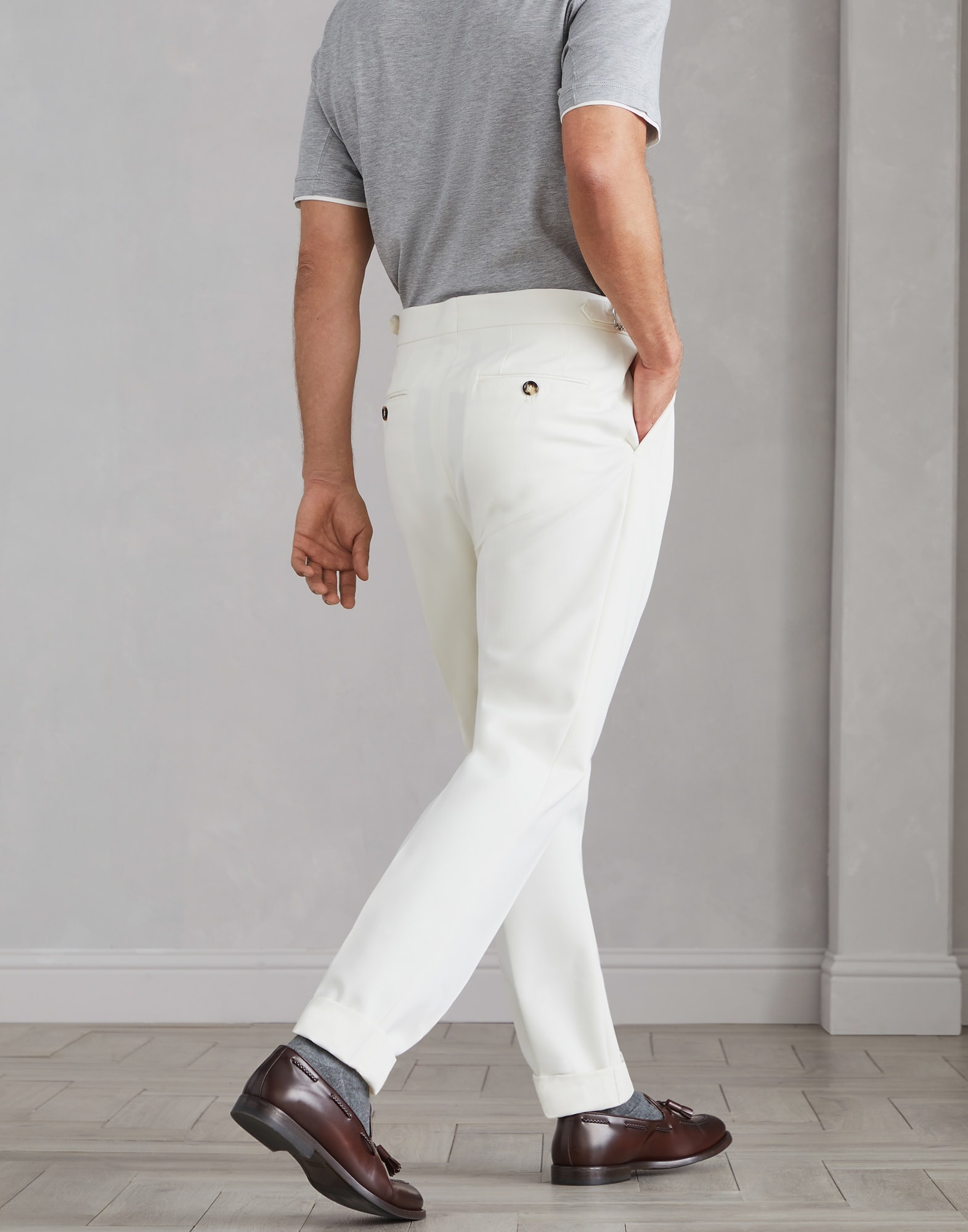 Cotton and virgin wool gabardine tailor fit trousers with reversed double pleats and waist tabs - 2