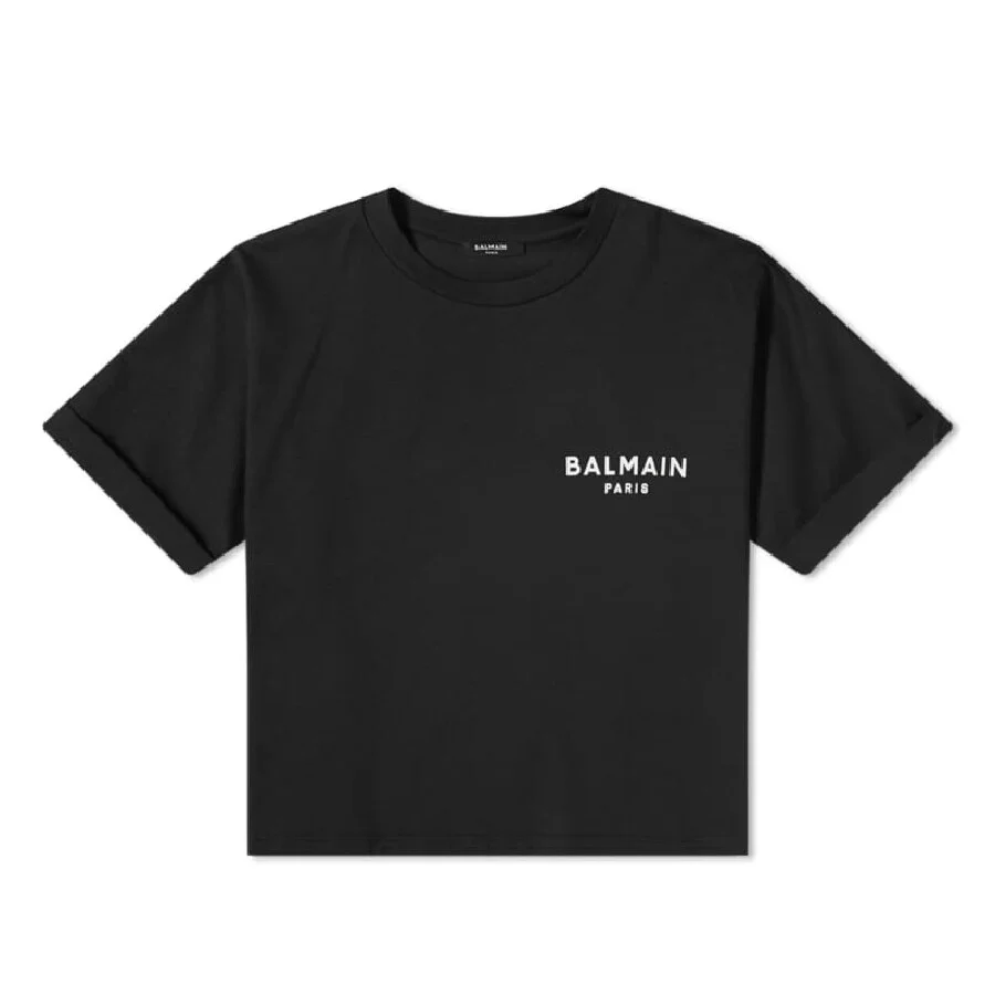 Balmain Flock Logo Print Cropped T Shirt, Size Large - 1